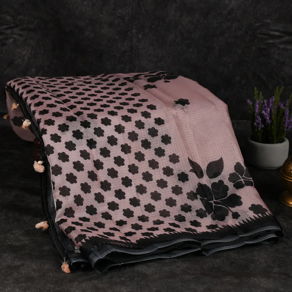 Semi Silk Kota Peach Saree with Black Floral Digital Print - Kleem Boutique