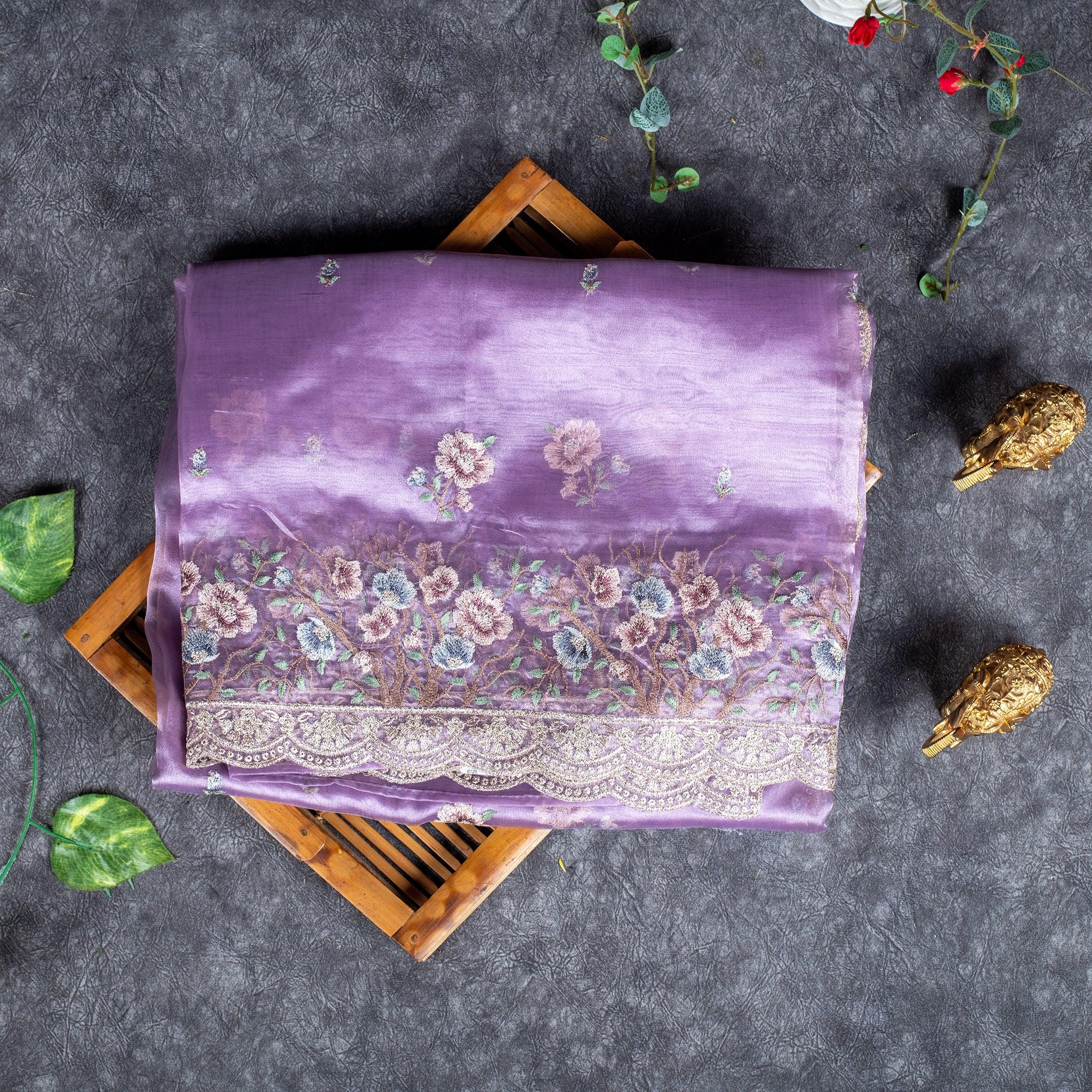 Tissue Kora Saree with Embroidery Work on the Border- Lavender - Kleem Boutique Main image