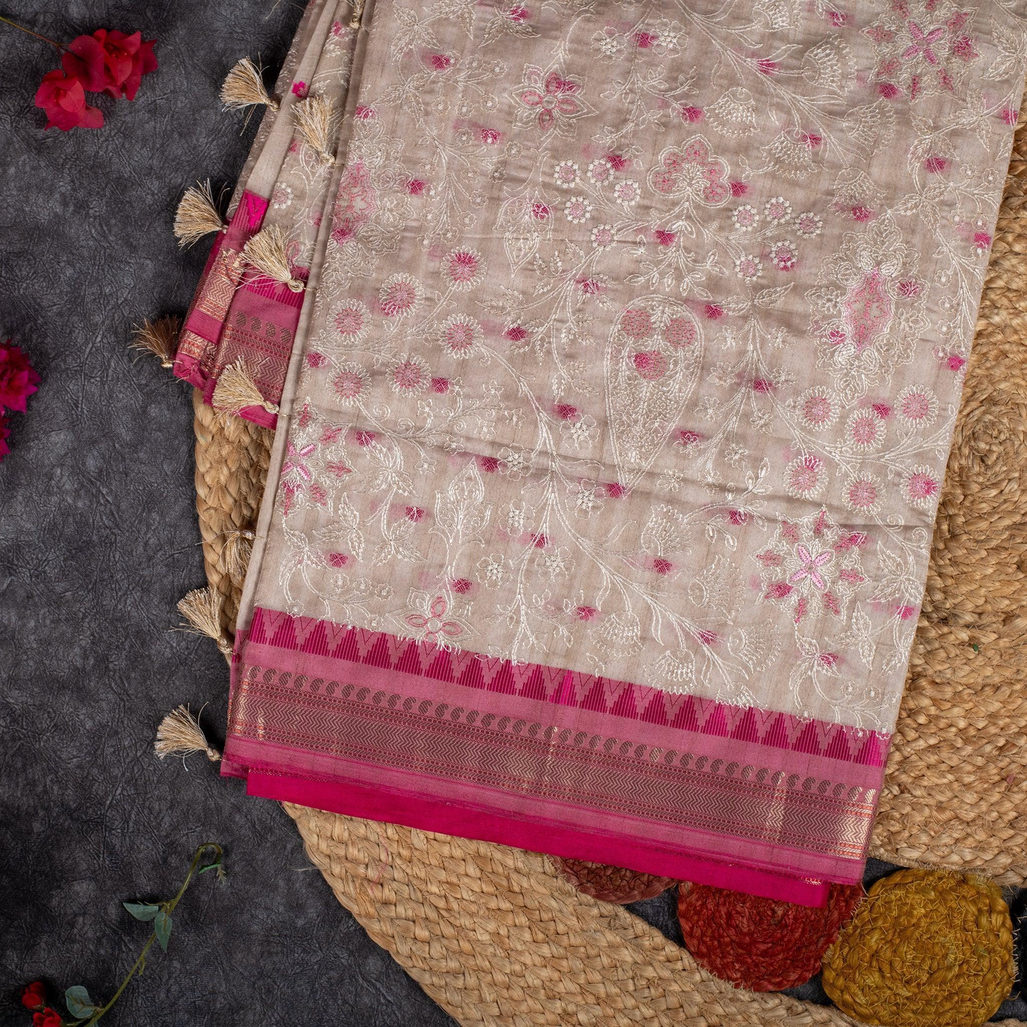 Elegant Saree with Machine Chikankari – Off-White - Kleem Boutique Main image