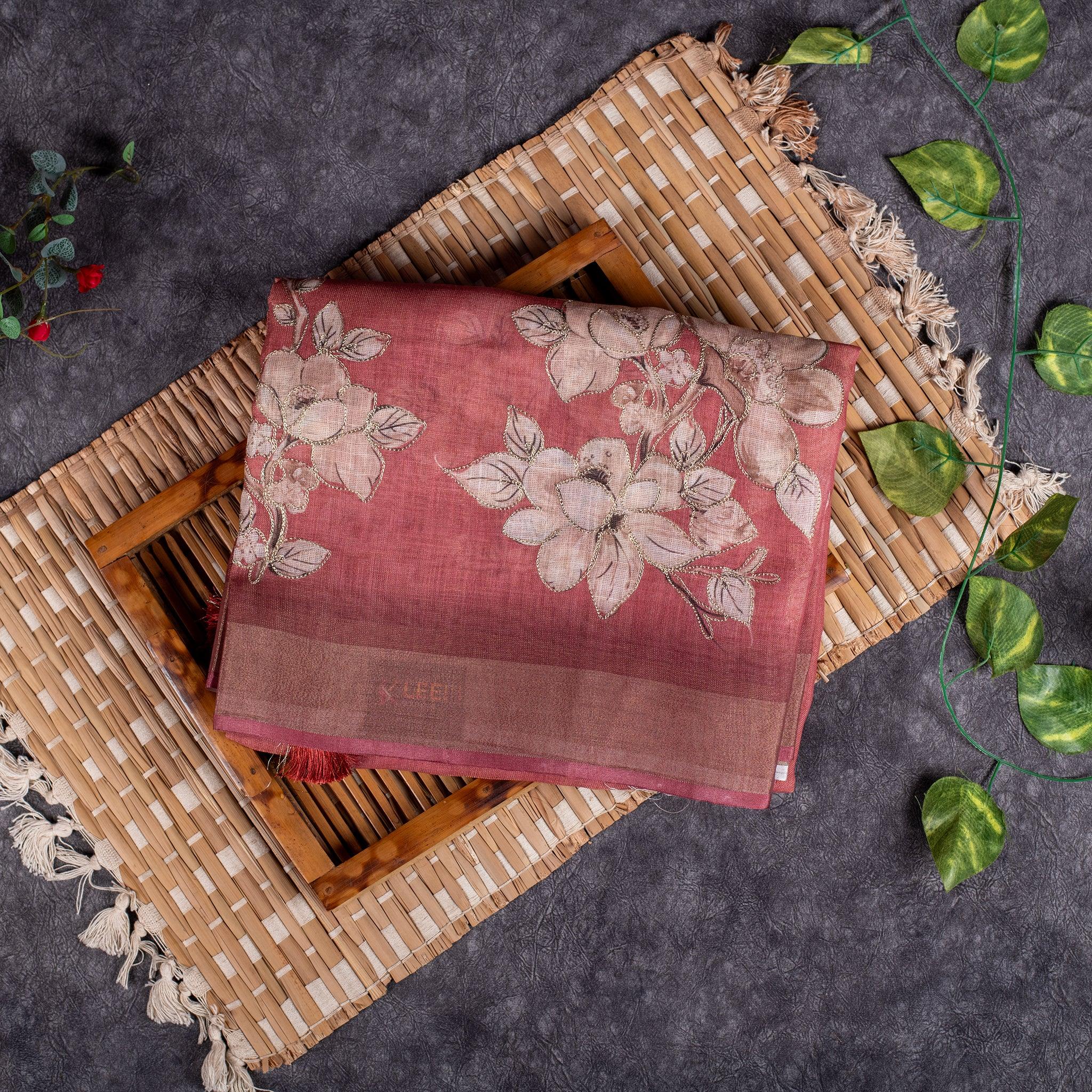 Linen Tissue Silk Saree with Floral Embroidery – Rust Colour - Kleem Boutique Main image