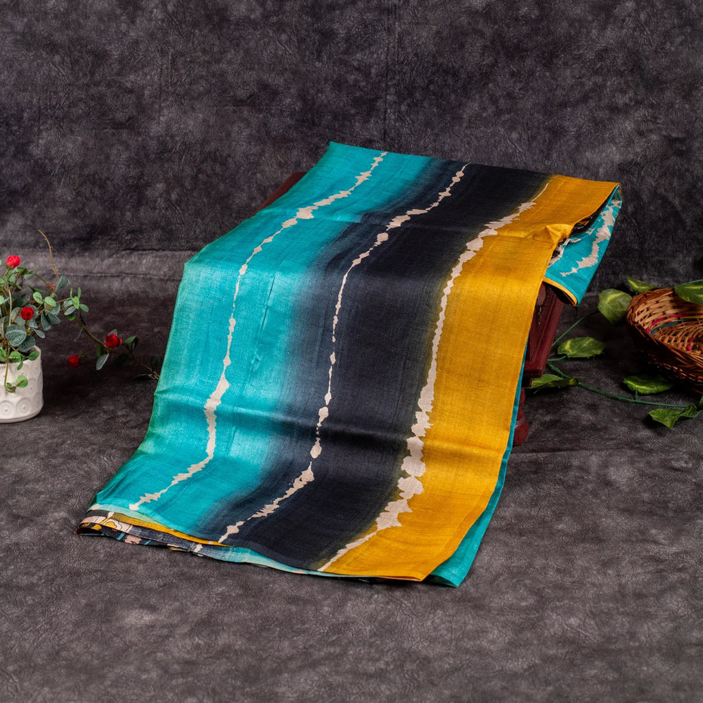 Pure Handloom Tussar Silk Saree with Vibrant Sequence Prints & Kalamkari Pallu - Kleem Boutique