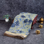 Handloom Georgette Saree with Floral Digital Print & Aari Border – Olive Green