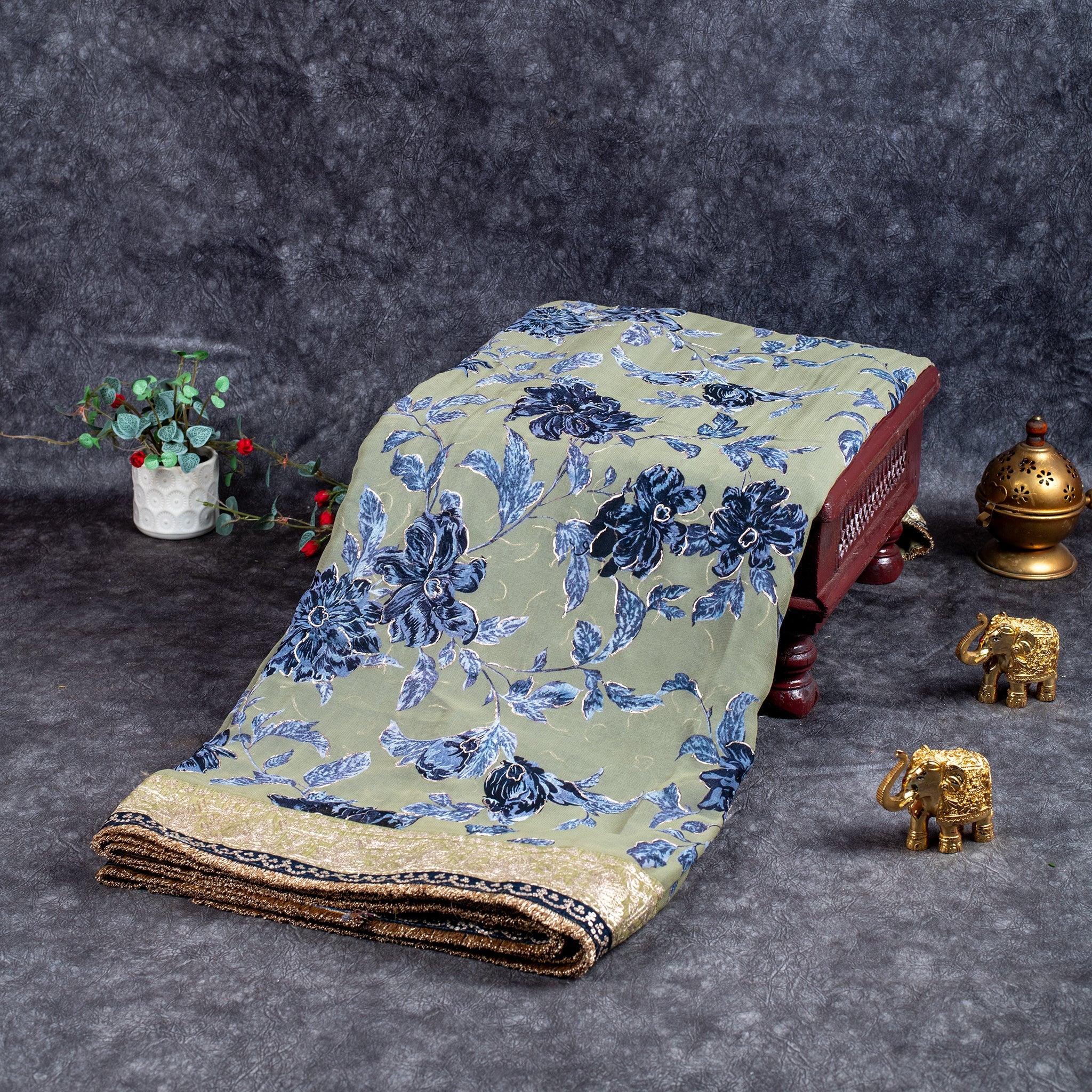 Handloom Georgette Saree with Floral Digital Print & Aari Border – Olive Green