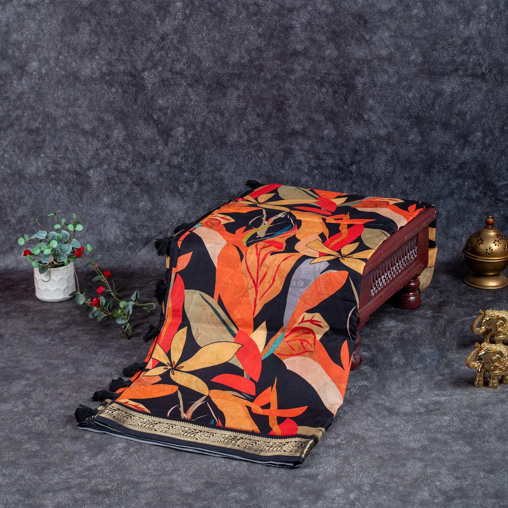 Jubilee Silk Ajrakh Saree - Black & Orange - Kleem Boutique