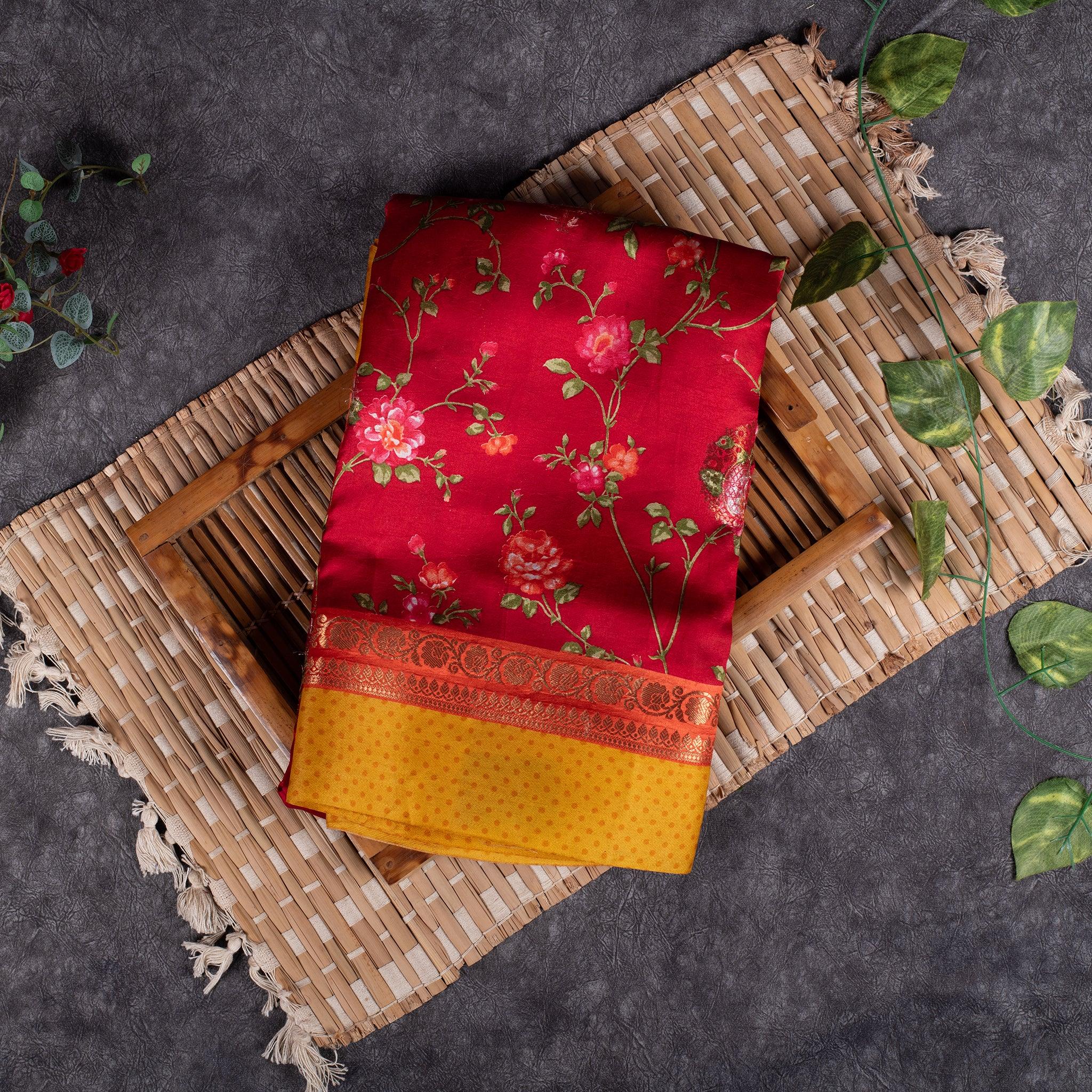 Raw Mango Saree – Red & Yellow Digital Print - Kleem Boutique Main image