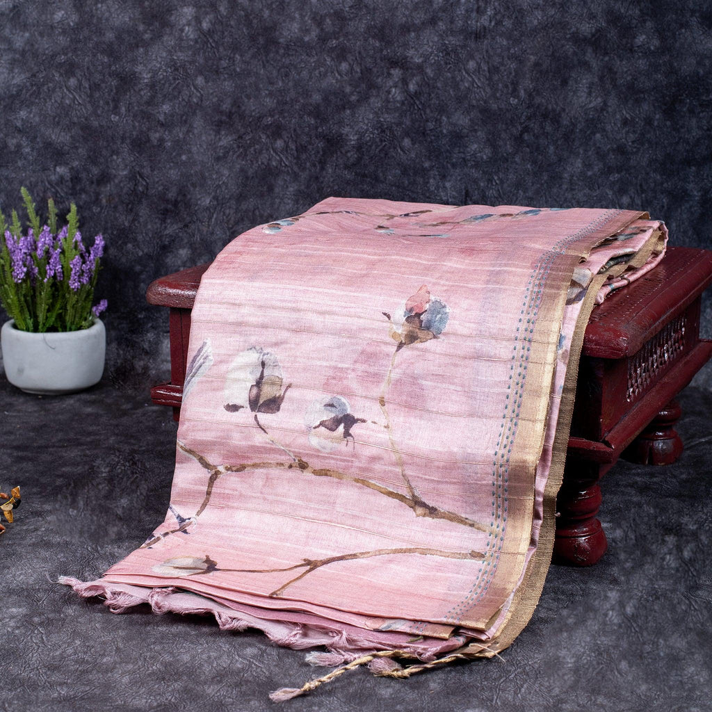 Soft Semi Tussar Silk Saree – Bird & Floral Digital Print - Kleem Boutique