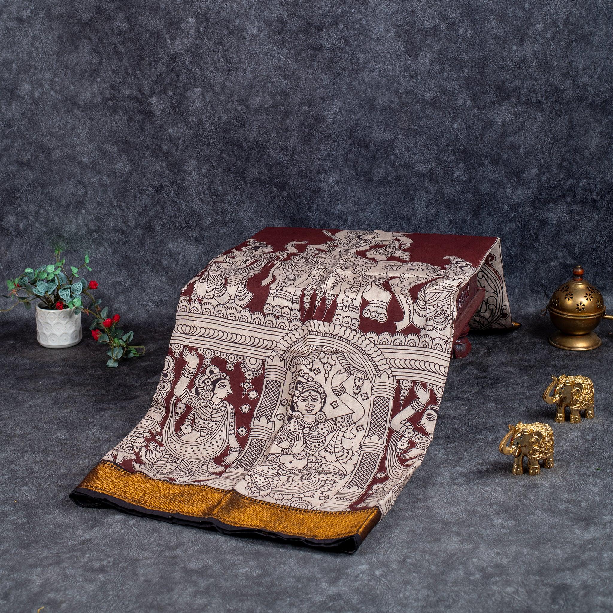 Pure Handloom Nizam Border Silk Saree with Kalamkari Print - Coffee Brown - Kleem Boutique Main image