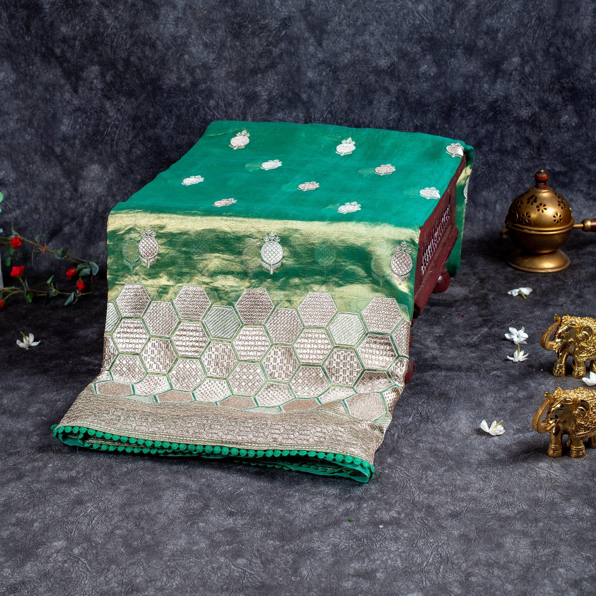 Pure Tissue Kora Organza Saree with Zari Butti & Embroidered Border – Green - Kleem Boutique Main image
