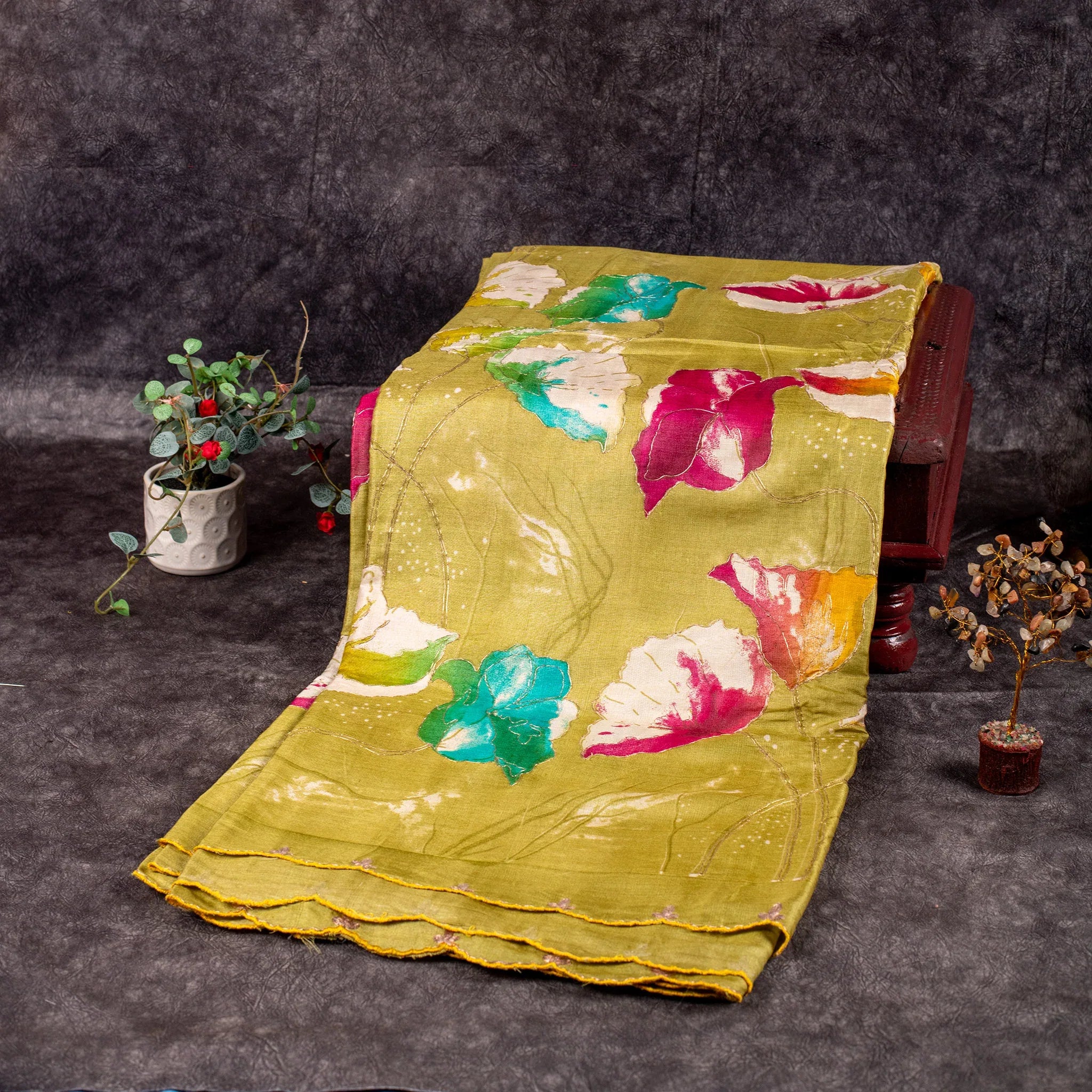 Pure Handloom Tussar Silk Olive Green Saree with Floral Digital Print & Aari Work - Kleem Boutique Main image