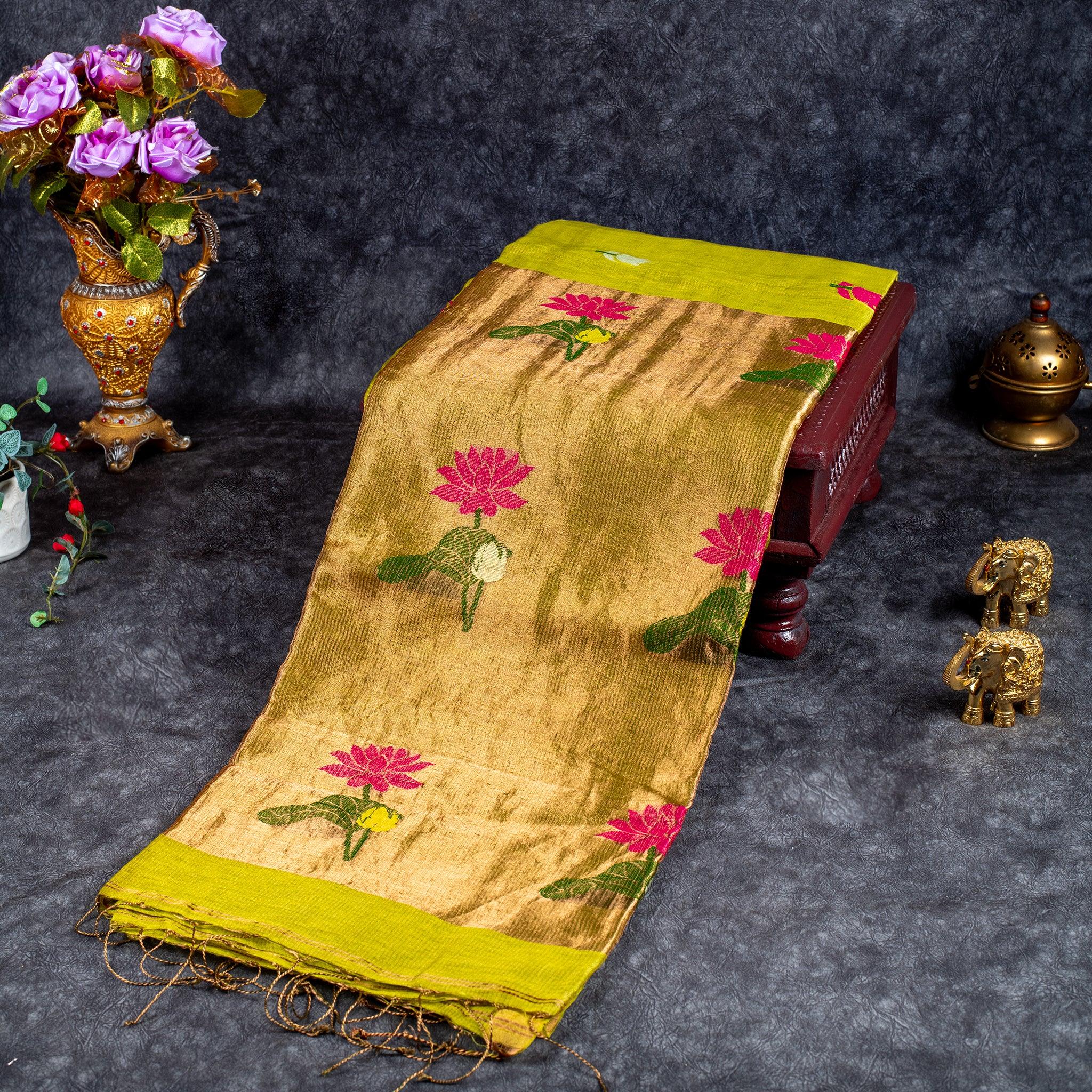 Matka Silk Jamdani Lotus Design Saree – Handwoven Heritage Elegance-Mehandi Green - Kleem Boutique Main image
