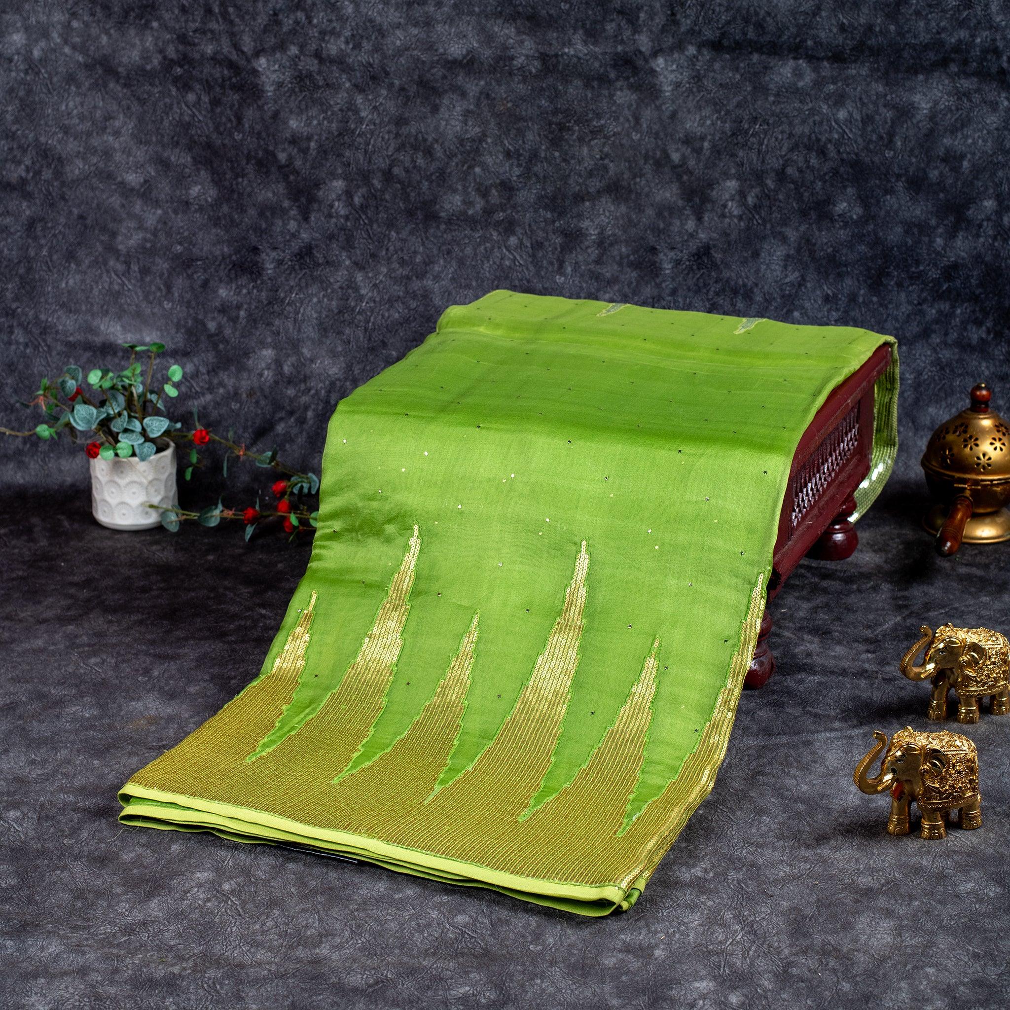 Pure Handloom Kora Silk Saree with Sequins Embroidery – Parrot Green Main image