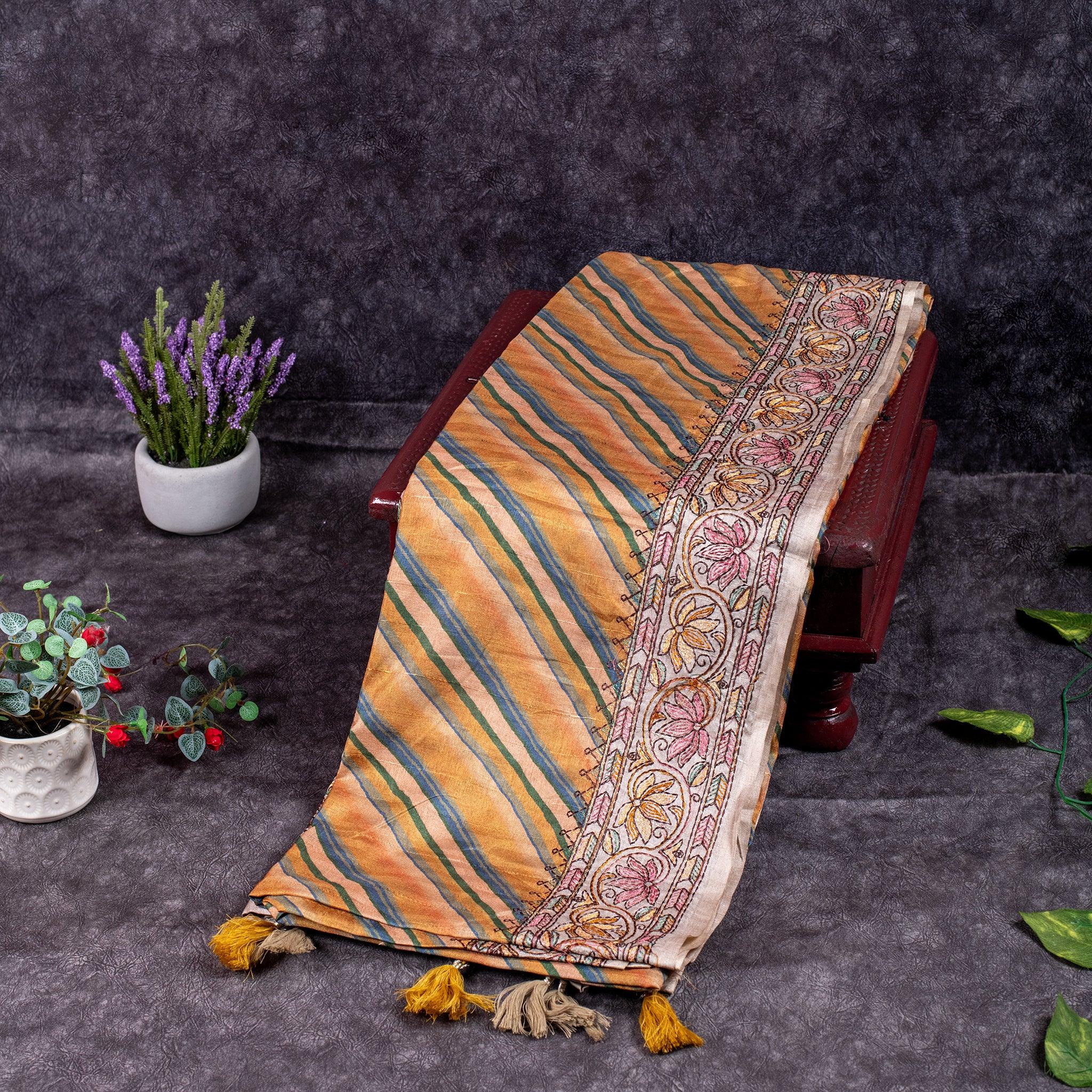 Semi Tussar Silk Saree – Leheriya Design with Kantha Border - Kleem Boutique
