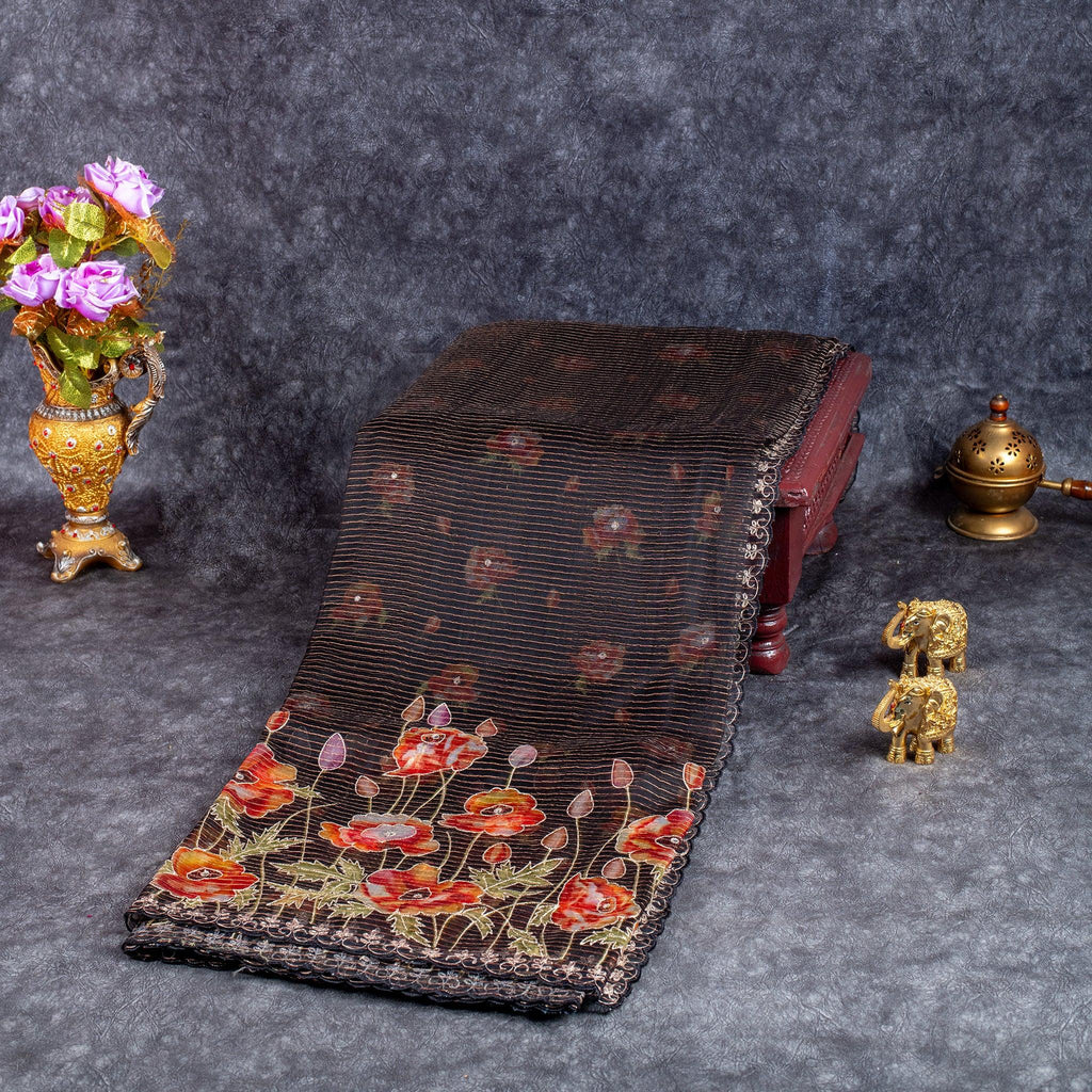 Tissue Organza Saree with Horizontal Zari Lines & Aari Border – Black - Kleem Boutique