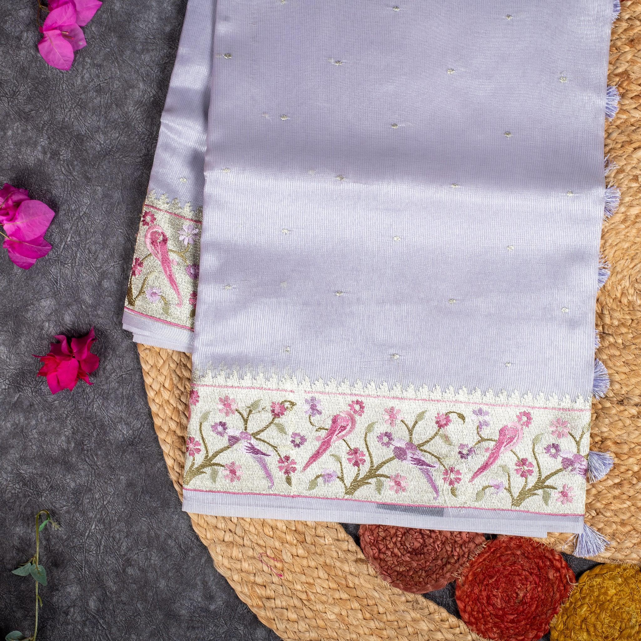 Tissue Organza Saree with Paithani-Inspired Border - lavender (light lilac) - Kleem Boutique Main image
