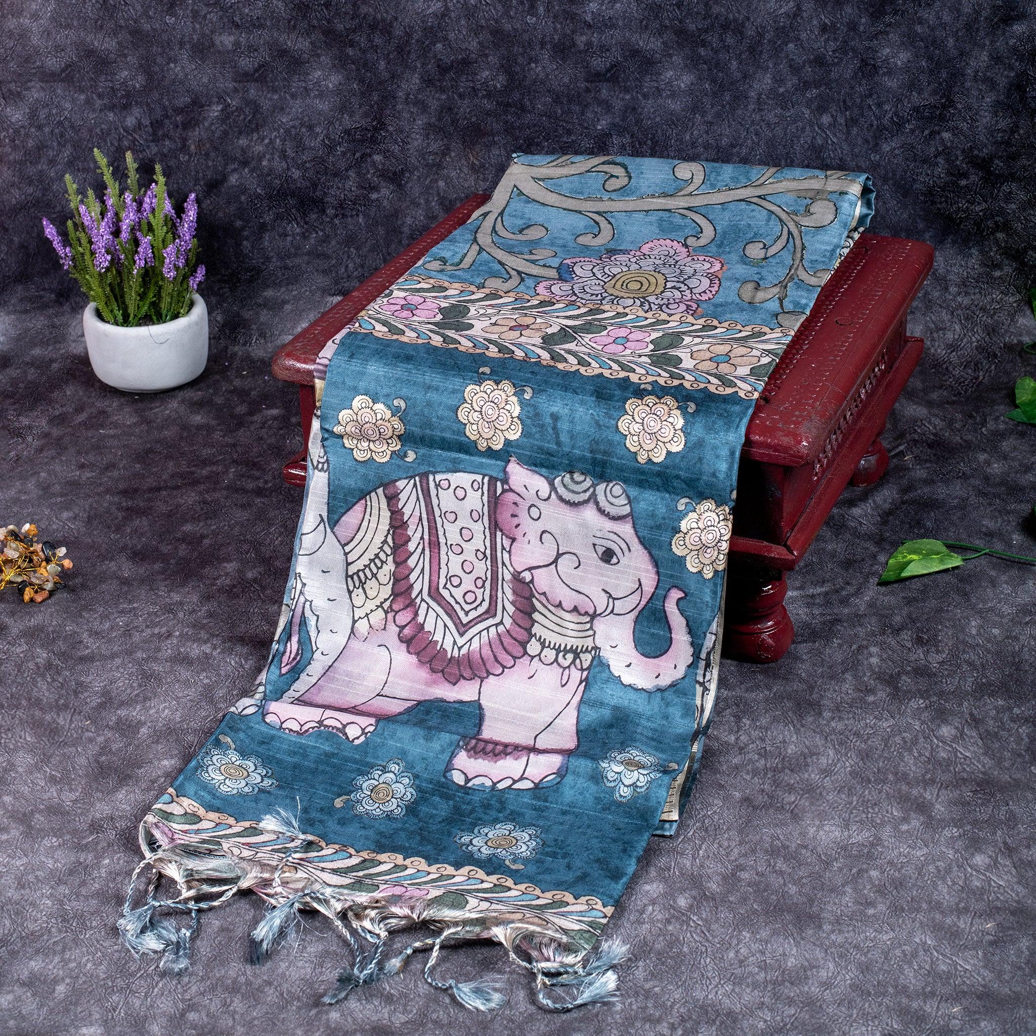 Semi Tussar Silk Saree – Kalamkari Floral & Animal Motifs - Kleem Boutique