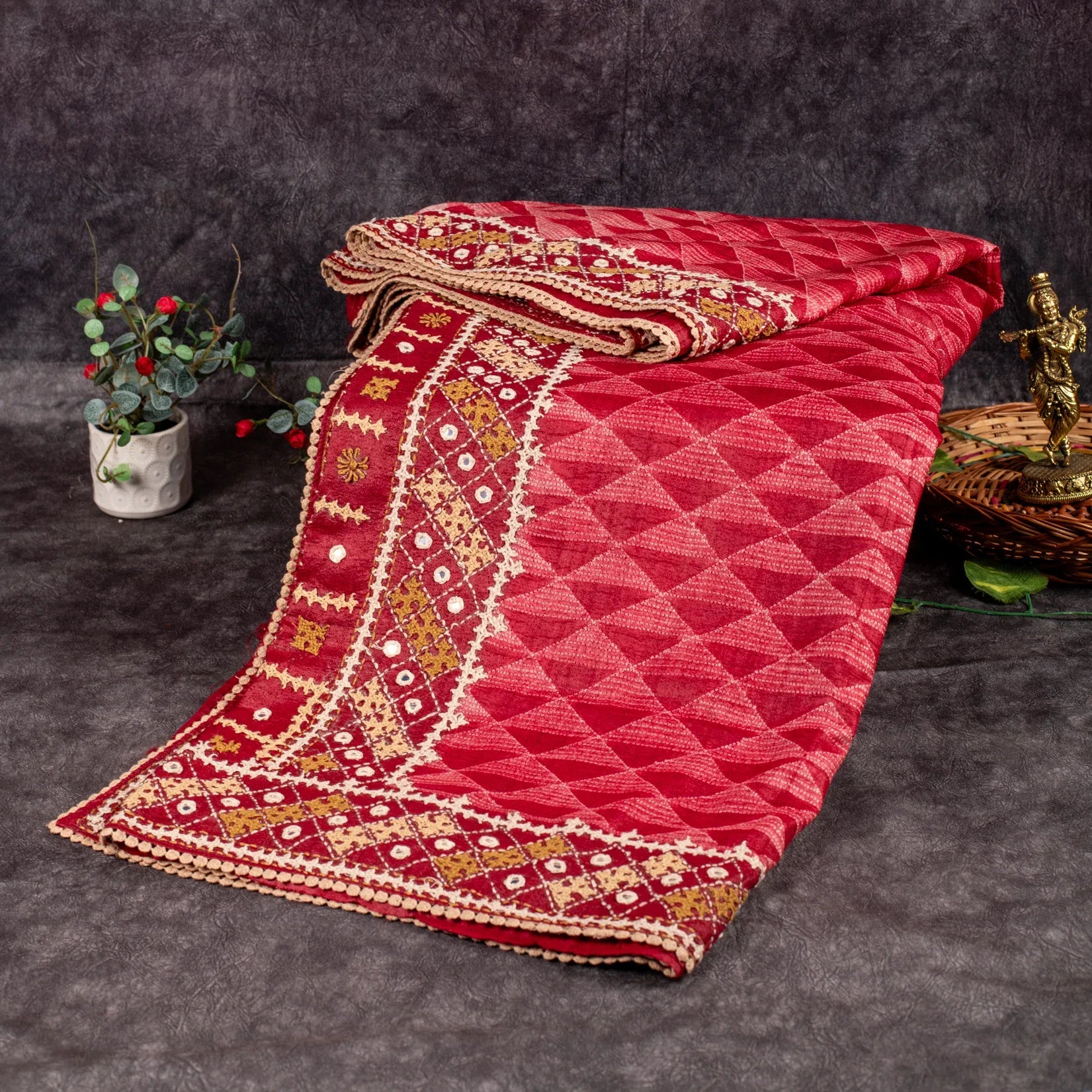 Pure Handloom Tussar Silk Deep Maroon Saree with Kutch Work & Mirror Embroidery - Kleem Boutique