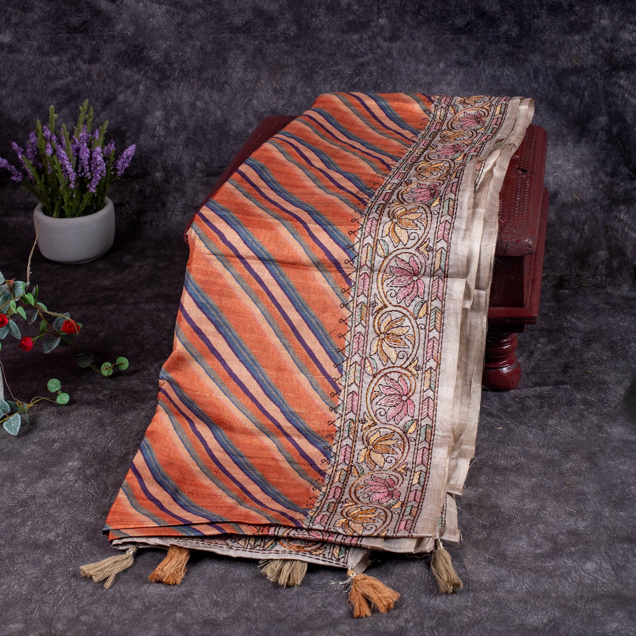 Semi Tussar Silk Saree – Leheriya Design with Kantha Border - Kleem Boutique Main image