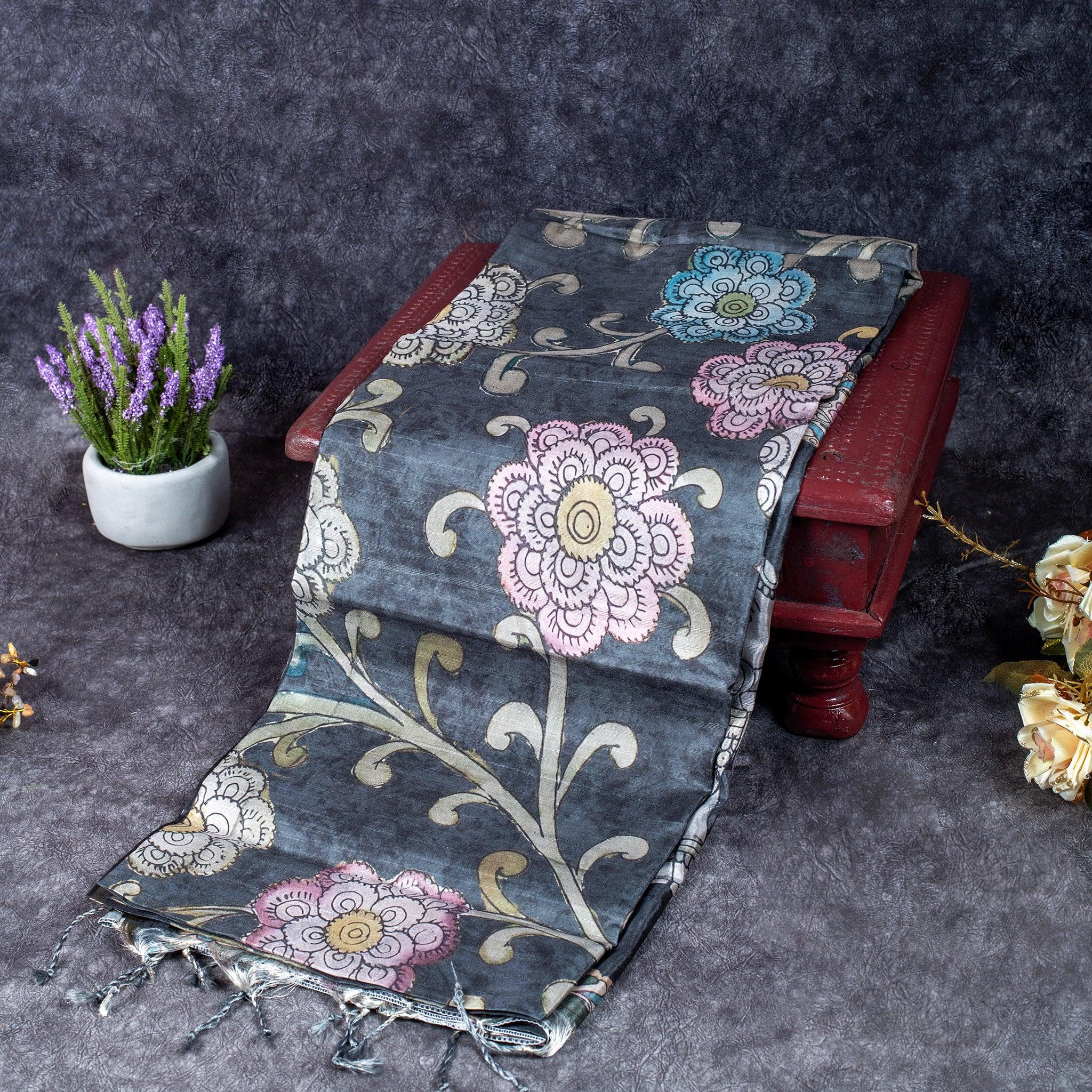 Semi Tussar Silk Saree – Kalamkari Floral & Animal Motifs - Kleem Boutique Main image