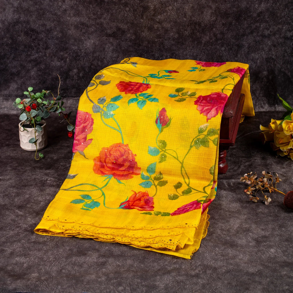 Tussar Kota Yellow Saree with Digital Print & Mukesh Work - Kleem Boutique