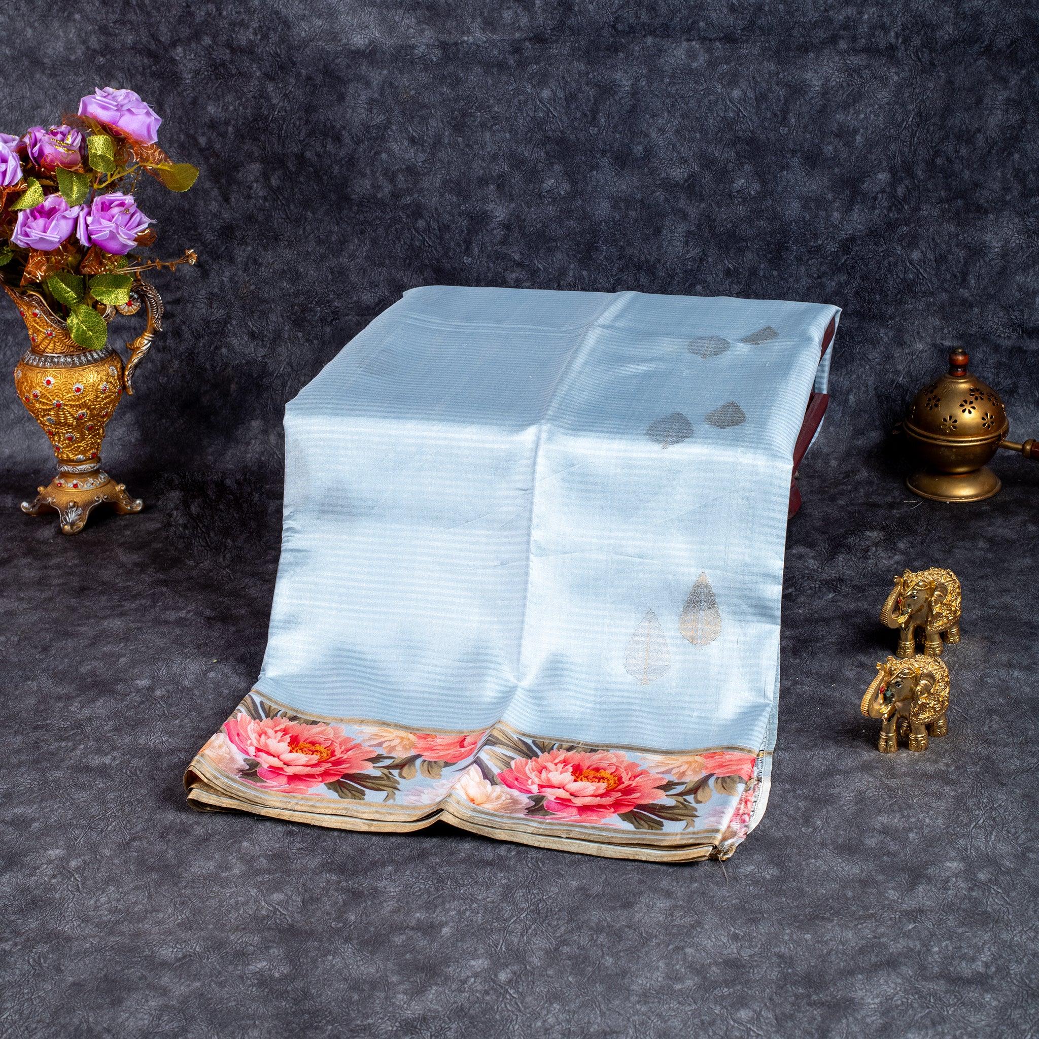 Pure Handloom Patola Saree with Vibrant Digital Border & Rich Zari Pallu – Powder Blue - Kleem Boutique