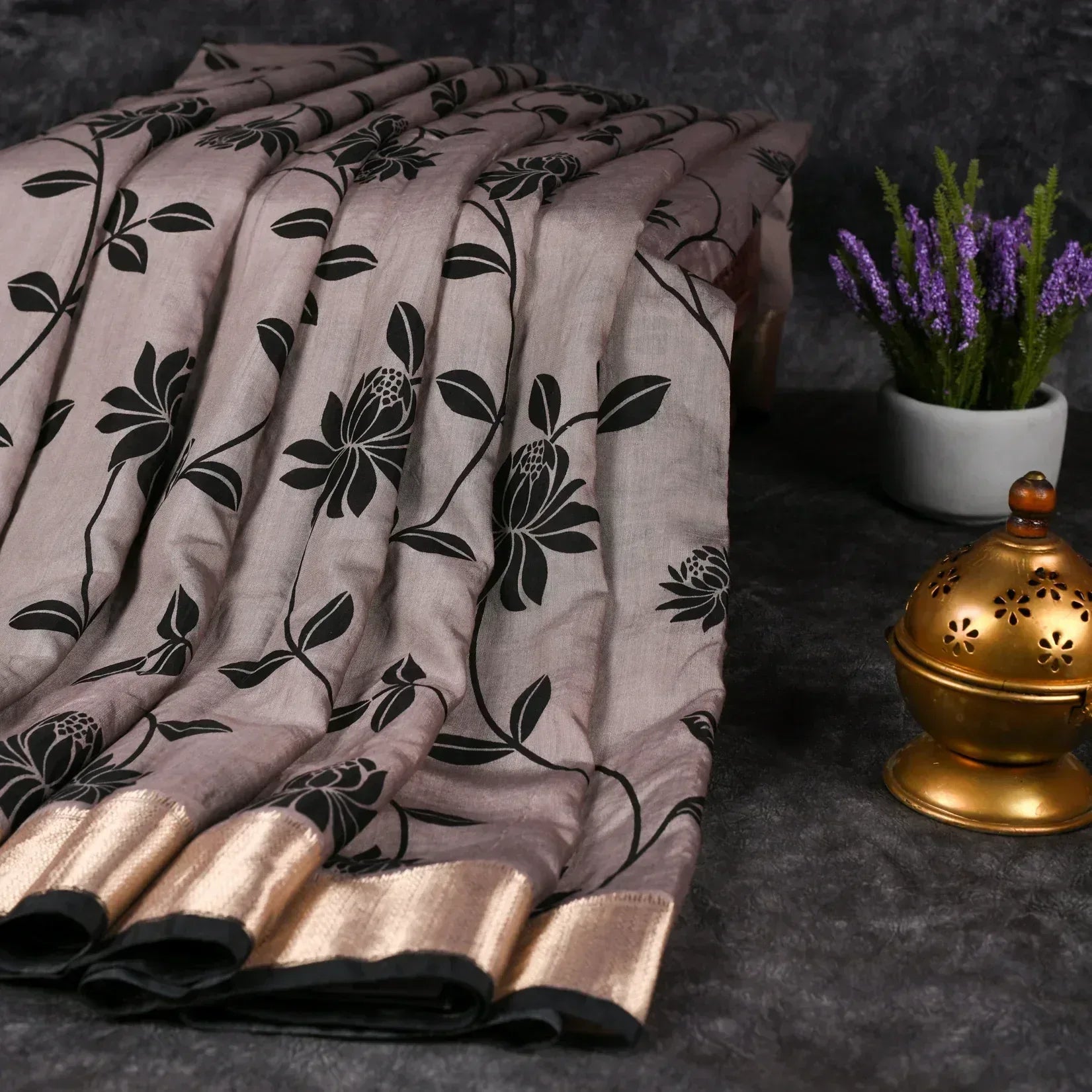 Dola Silk Beige Saree with Antique Zari Border - Kleem Boutique Main image