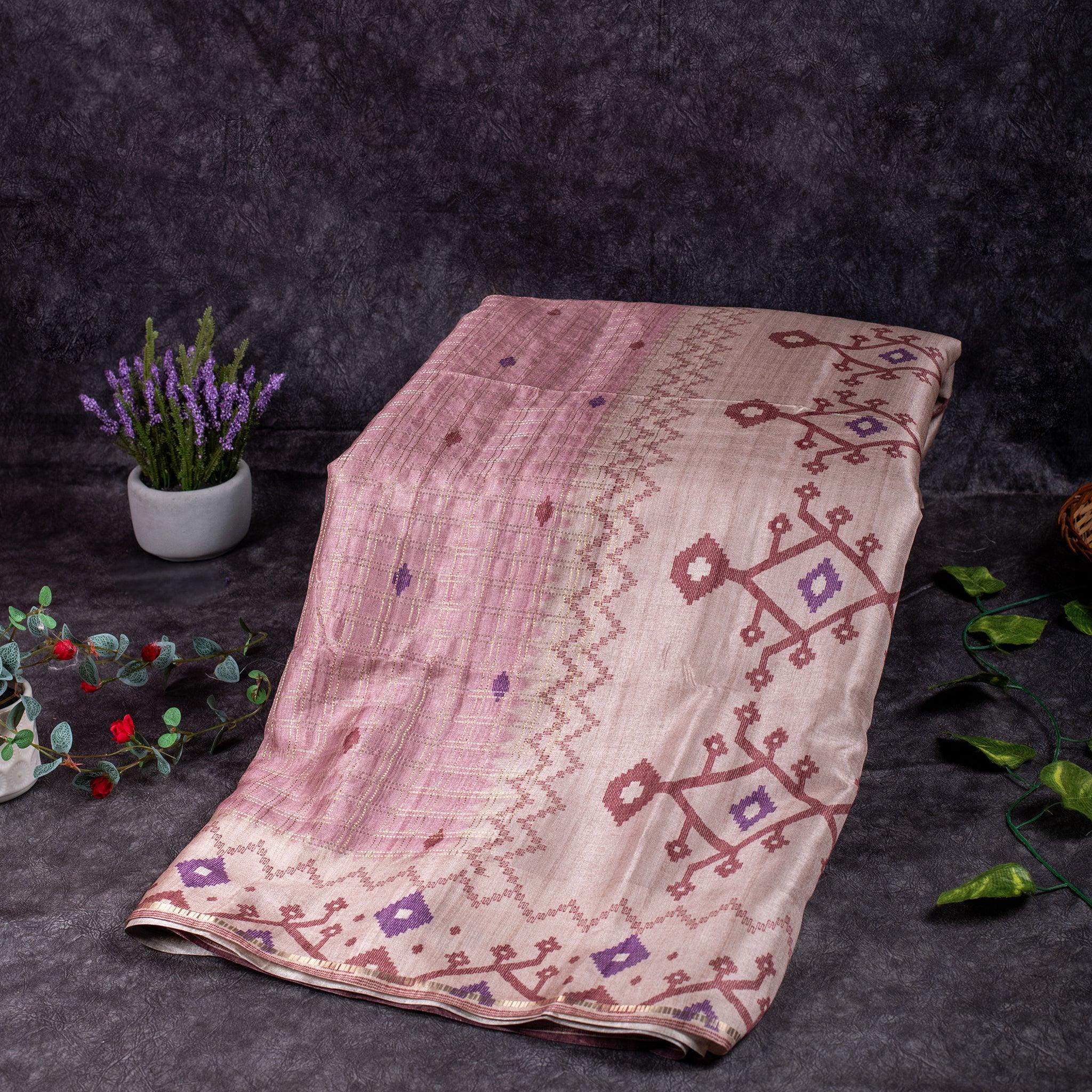 Semi Tussar Silk Saree – Zari Checks with Jamdani Print Border - Kleem Boutique