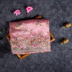 Tissue Kora Saree with Floral Embroidery Work - Peach - Kleem Boutique