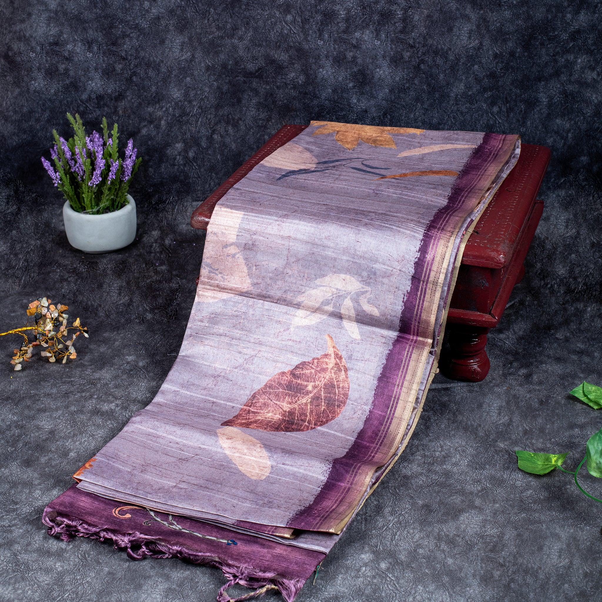 Semi Tussar Silk Saree – Eco Digital Floral & Leaf Print - Kleem Boutique