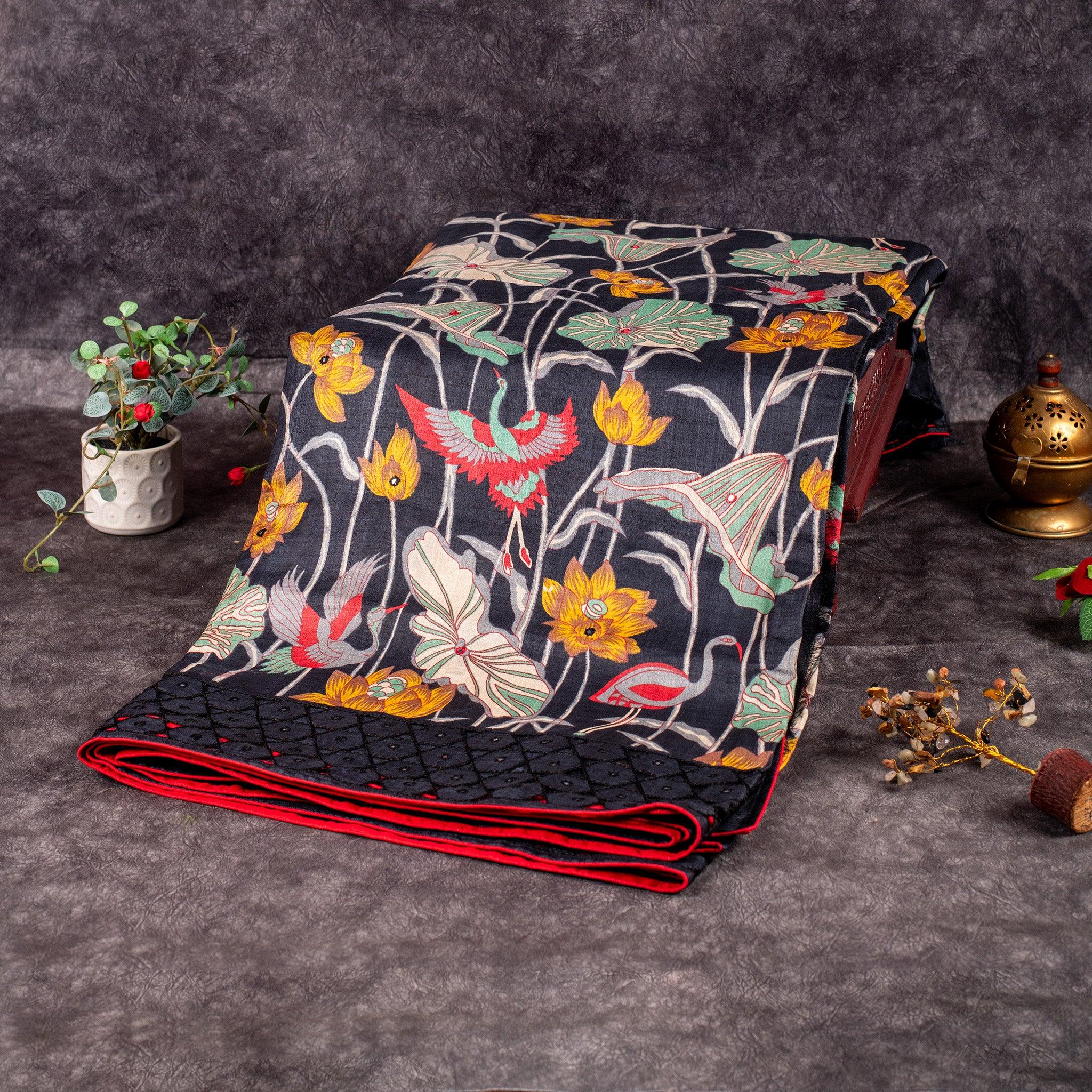 Pure Handloom Tussar Silk Black Saree with Floral & Bird Digital Print and Mirror Cutwork - Kleem Boutique Main image