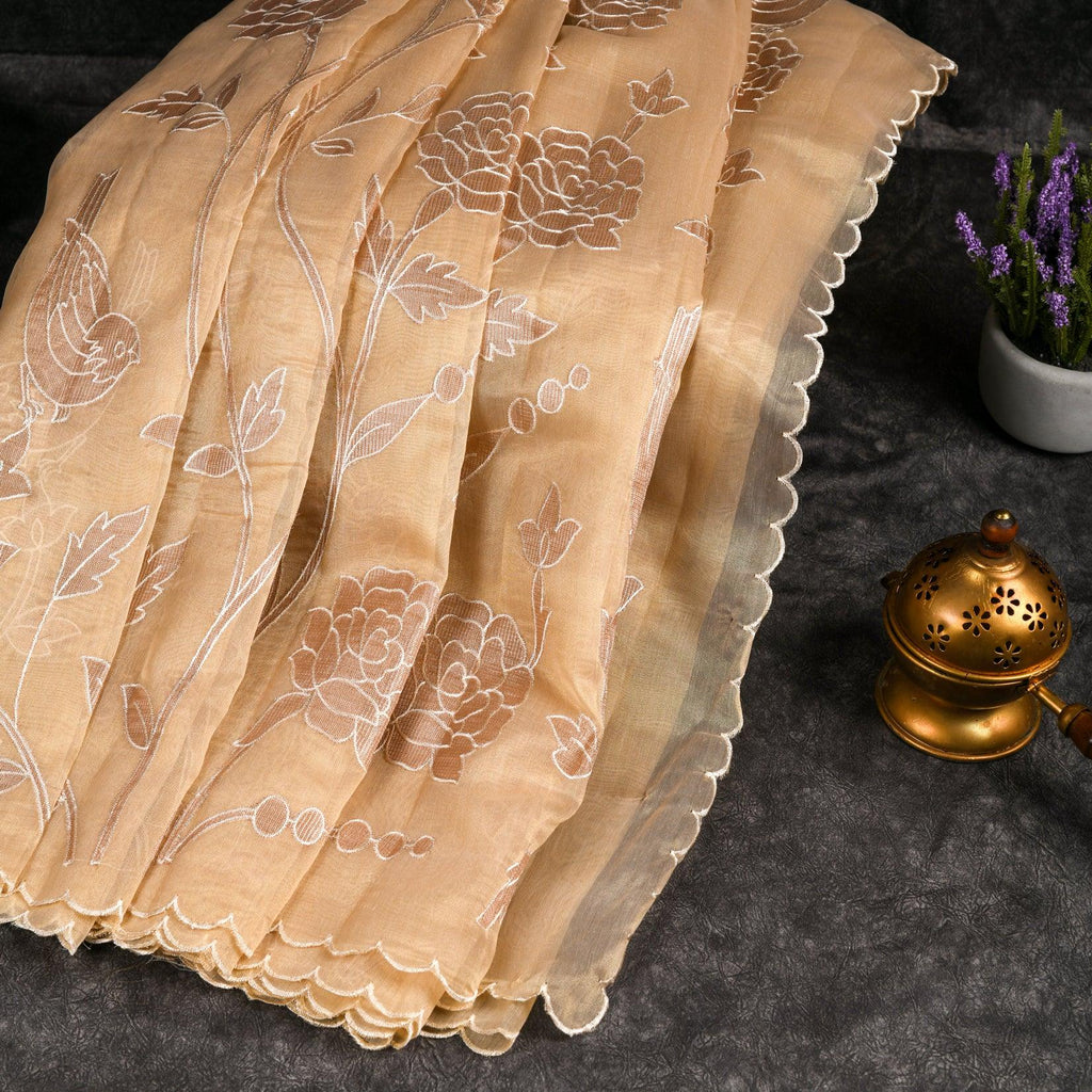 Soft Tissue Organza Off-White Saree with Tissue Applique Floral Design - Kleem Boutique