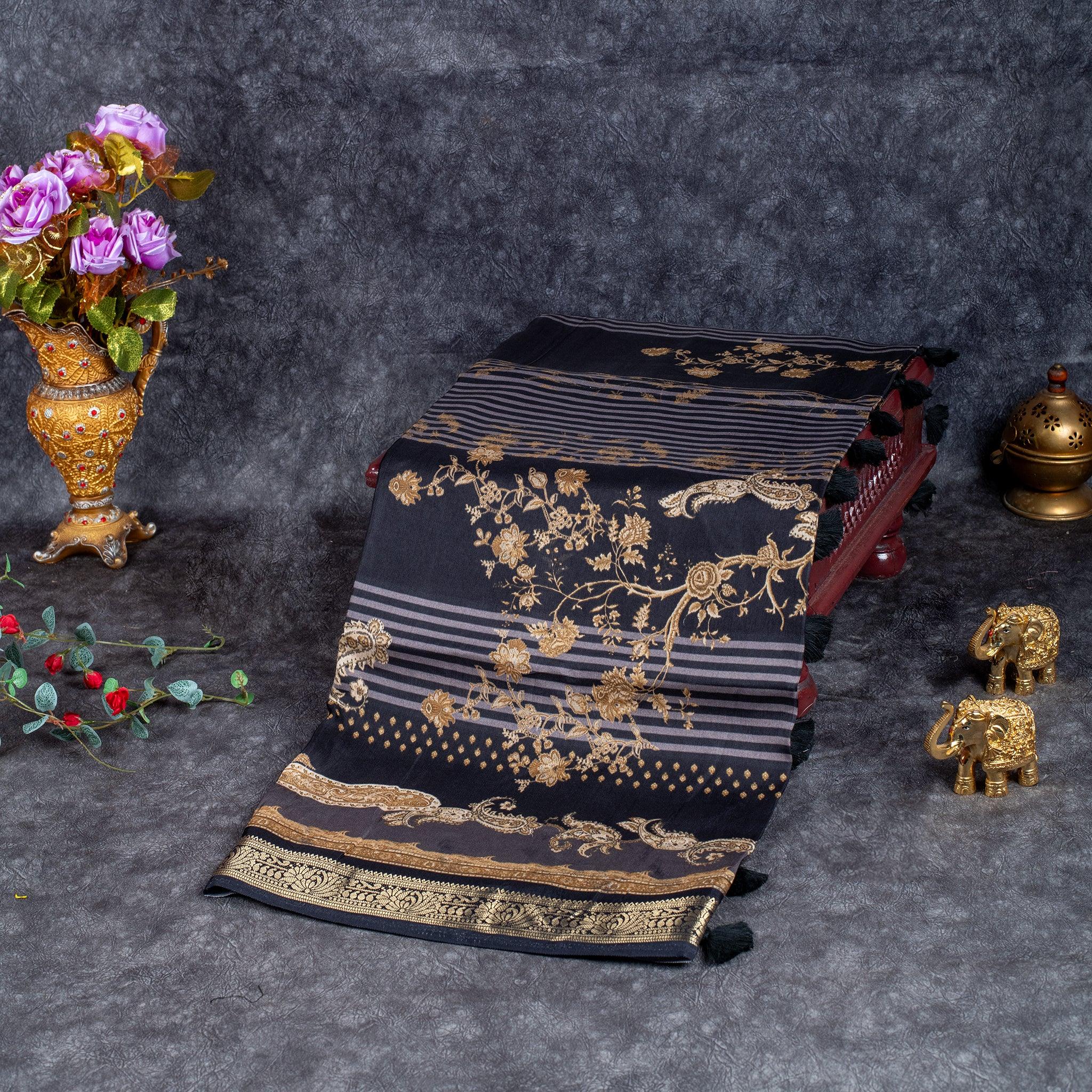 Saundarya Silk Saree – Black & Grey Colour Combination - Kleem Boutique Main image