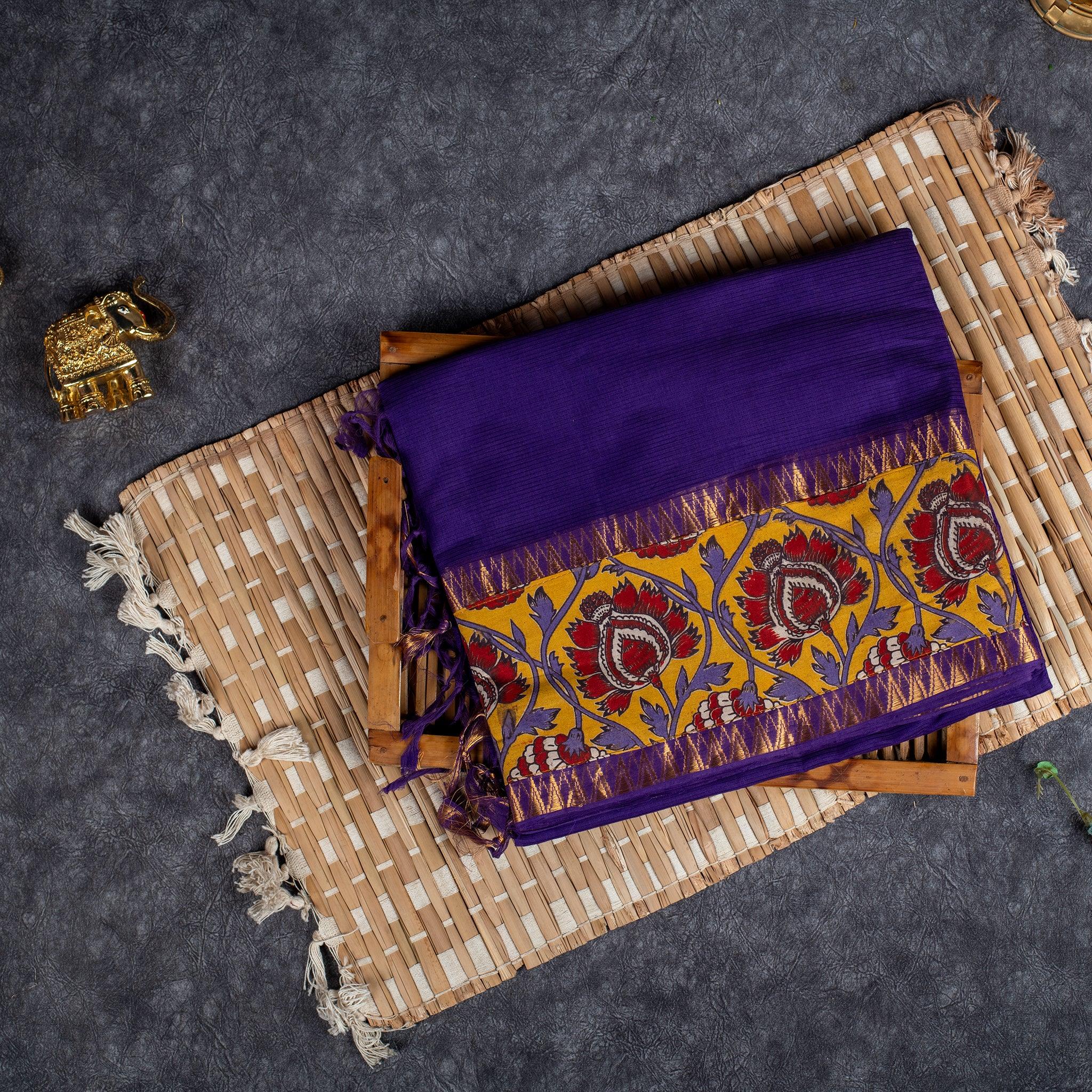 Pure Handloom MG Cotton Saree with Kalamkari Patch Work - Purple - Kleem Boutique