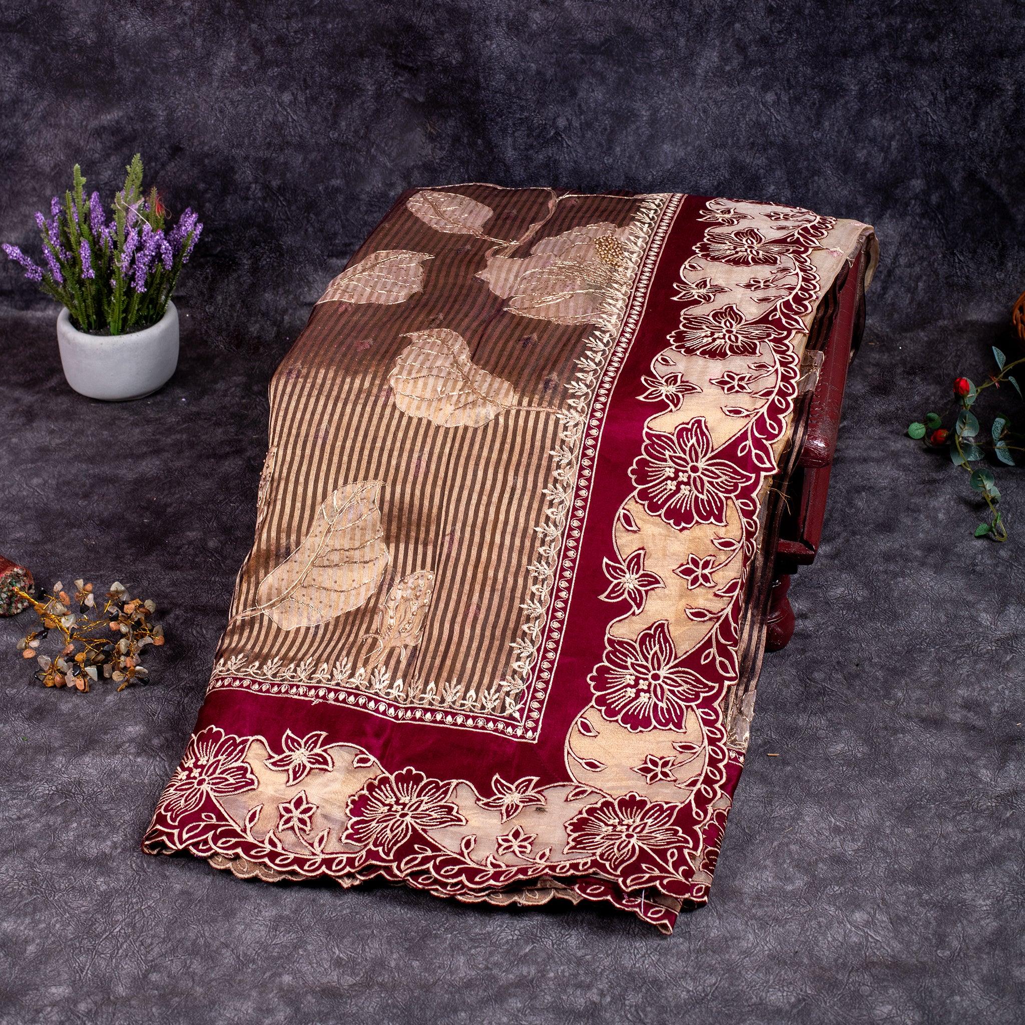 Tissue Organza Saree – Vertical Stripes with Aari & Floral Cutwork Border - Kleem Boutique Main image