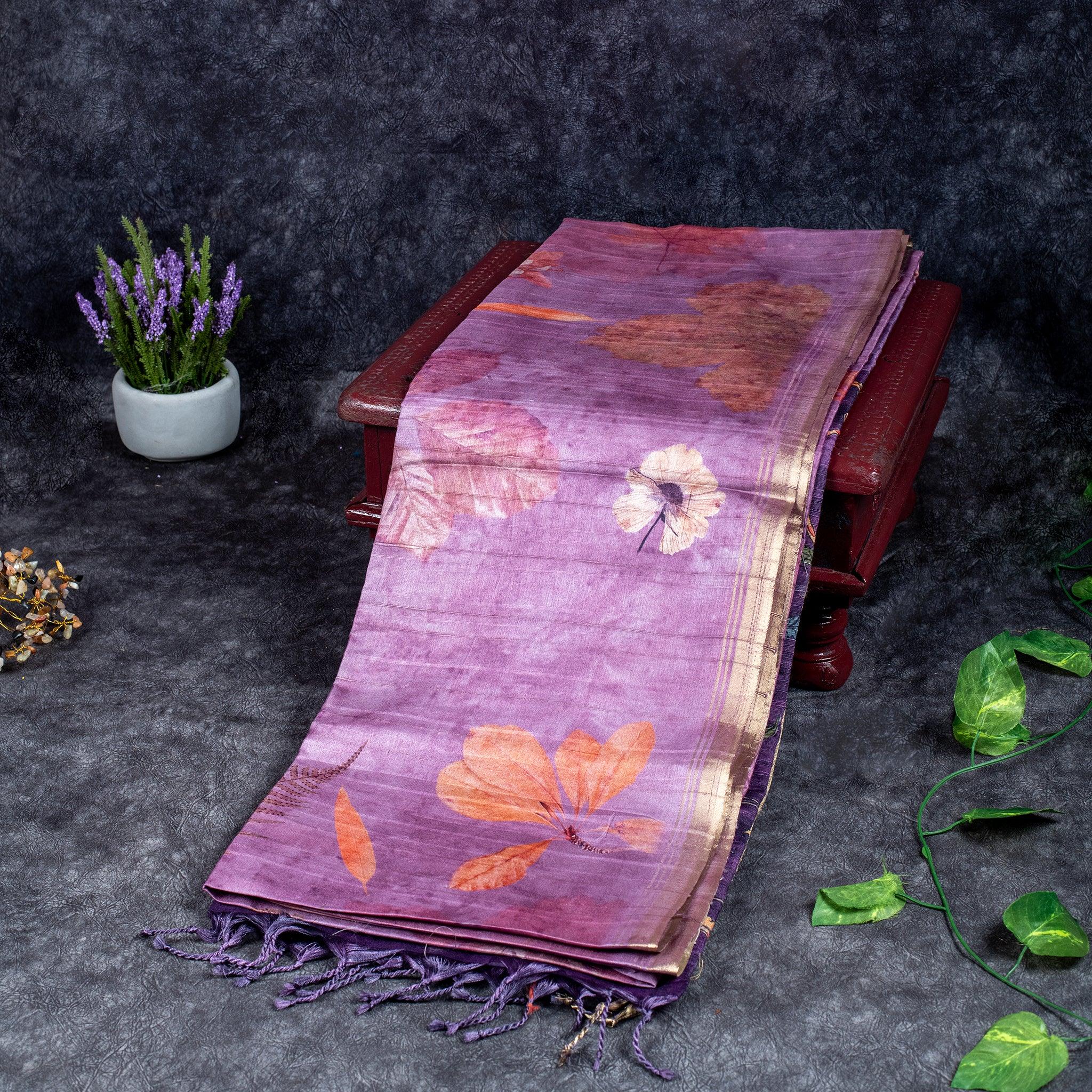 Semi Tussar Silk Saree – Eco Digital Floral & Leaf Print - Kleem Boutique Main image