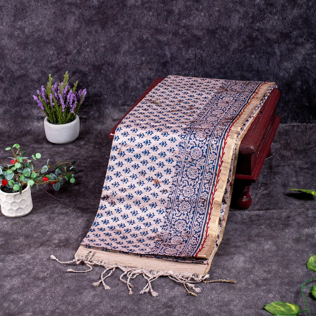 Semi Tussar Silk Saree – Dabu Print with Kantha Work Pallu - Kleem Boutique