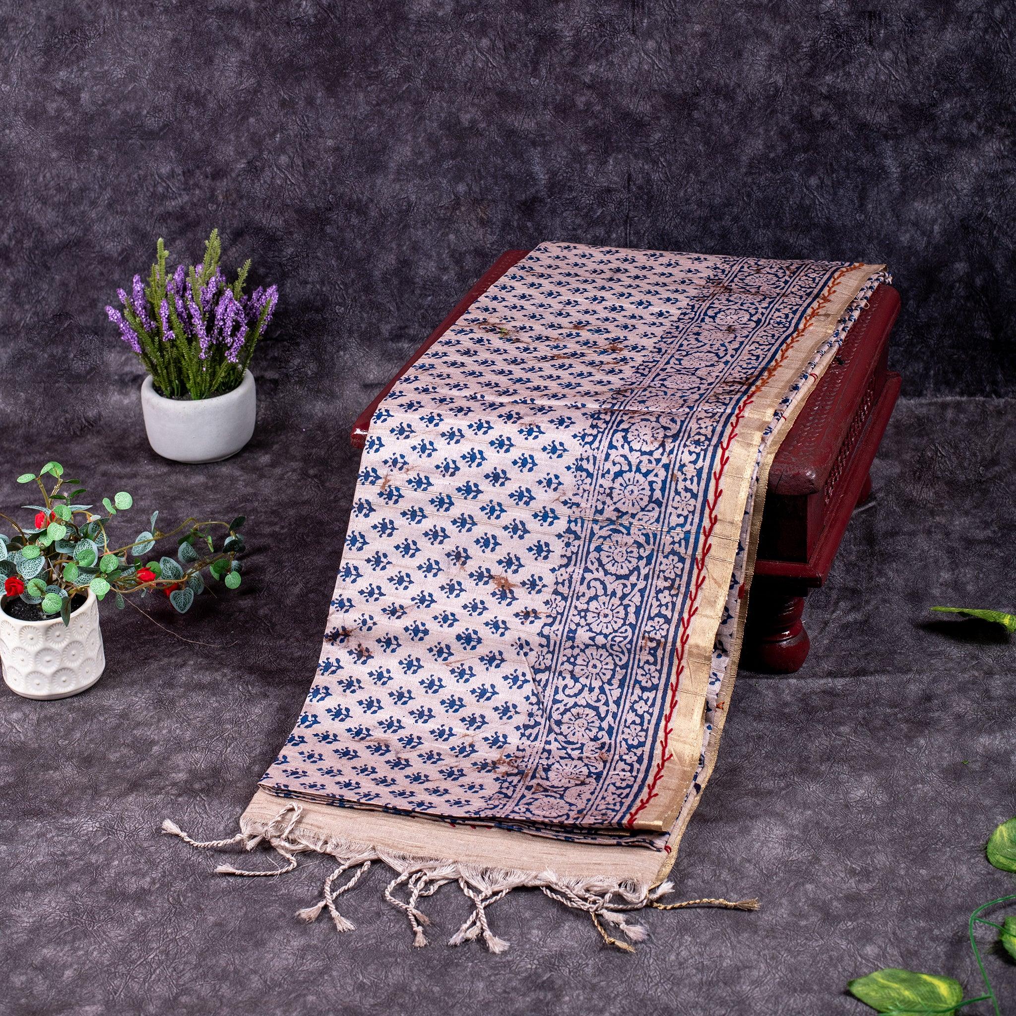 Semi Tussar Silk Saree – Dabu Print with Kantha Work Pallu - Kleem Boutique