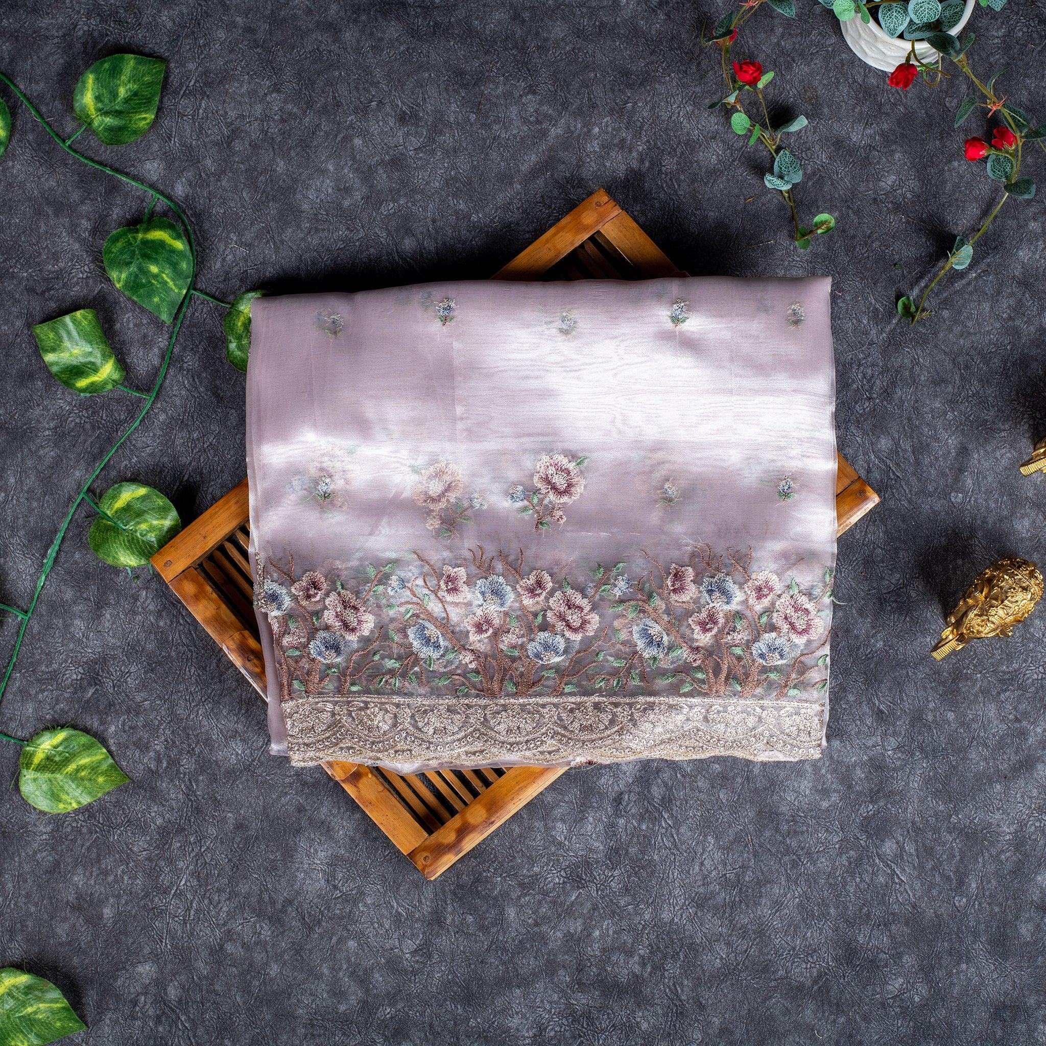 Tissue Kora Saree with Embroidery Work on the Border - Silver - Kleem Boutique Main image