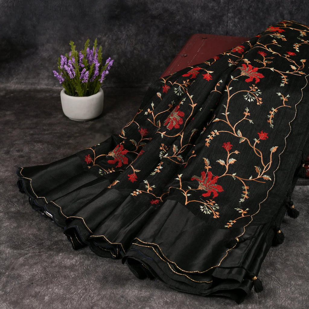 Tussar Jute Black Saree with Cross-Stitch Embroidery and Scallop Border - Kleem Boutique