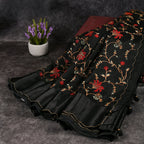 Tussar Jute Black Saree with Cross-Stitch Embroidery and Scallop Border - Kleem Boutique