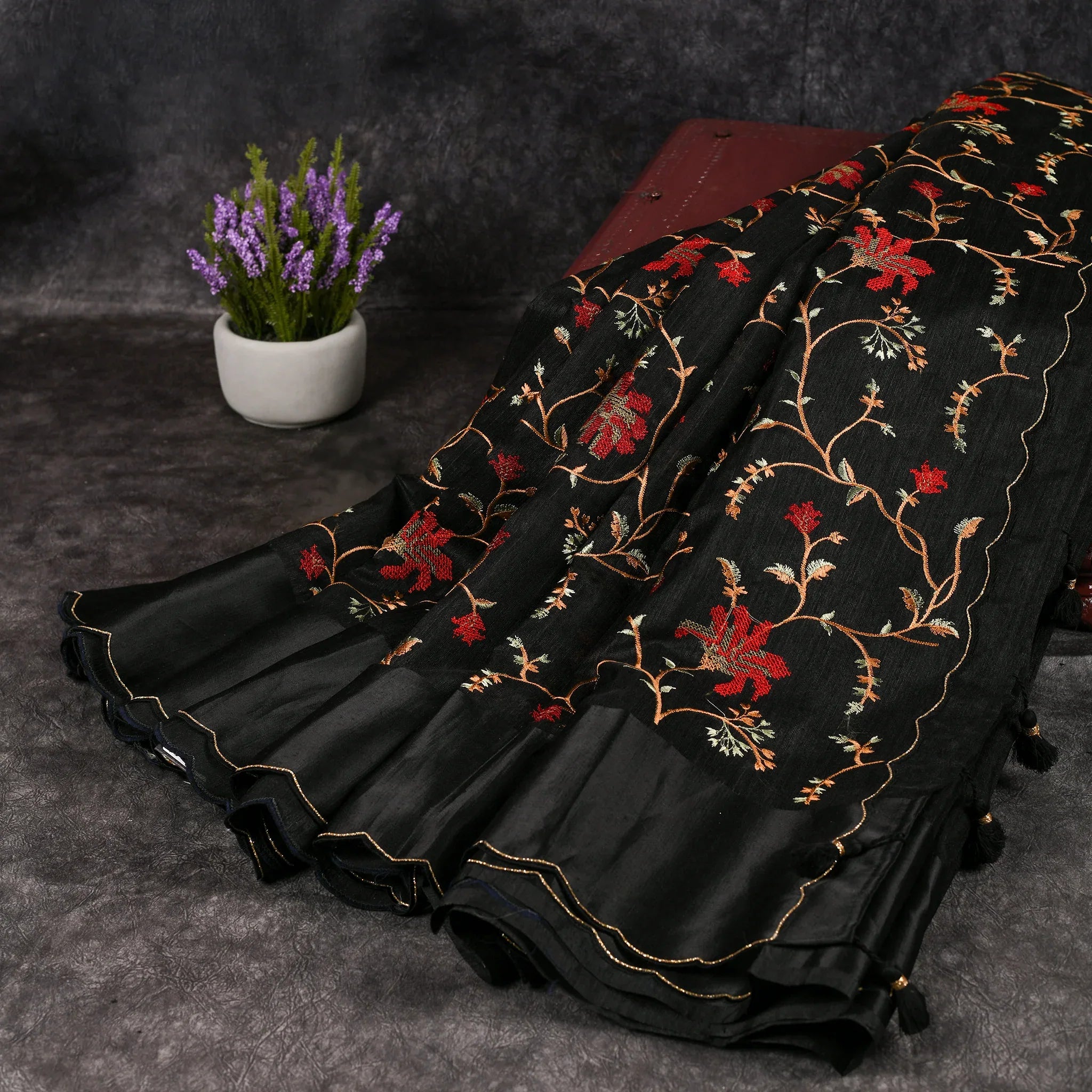 Tussar Jute Black Saree with Cross-Stitch Embroidery and Scallop Border - Kleem Boutique