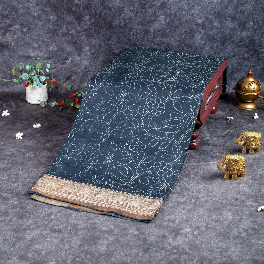 Black Tussar Silk Saree with Bhavini Print & Pitta Embroidery - Black