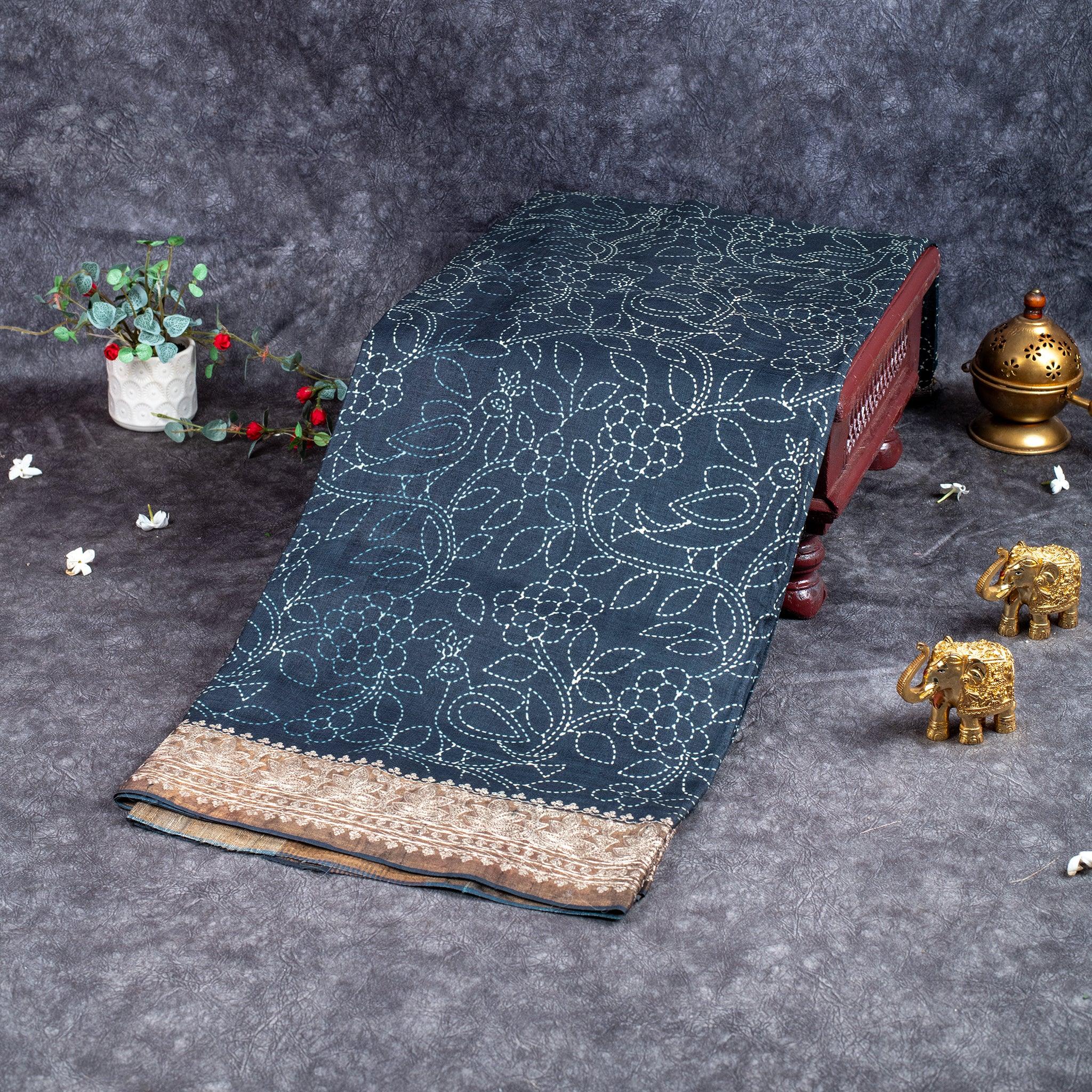 Black Tussar Silk Saree with Bhavini Print & Pitta Embroidery - Black