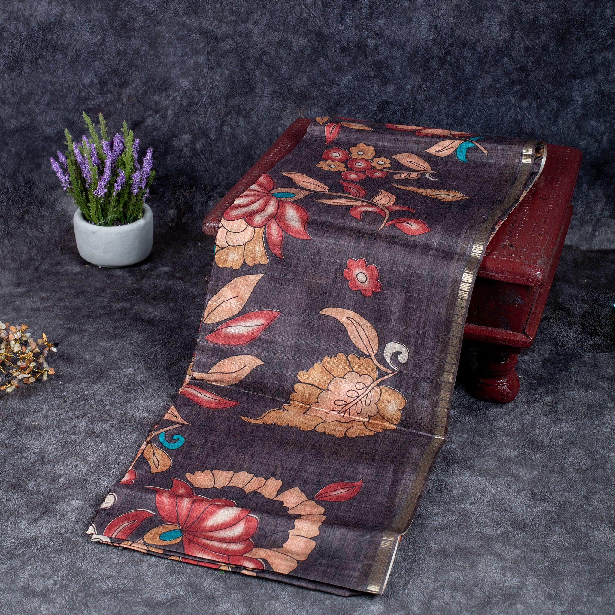 Semi Tussar Silk Saree – Kalamkari Floral Design with Zari Border - Kleem Boutique