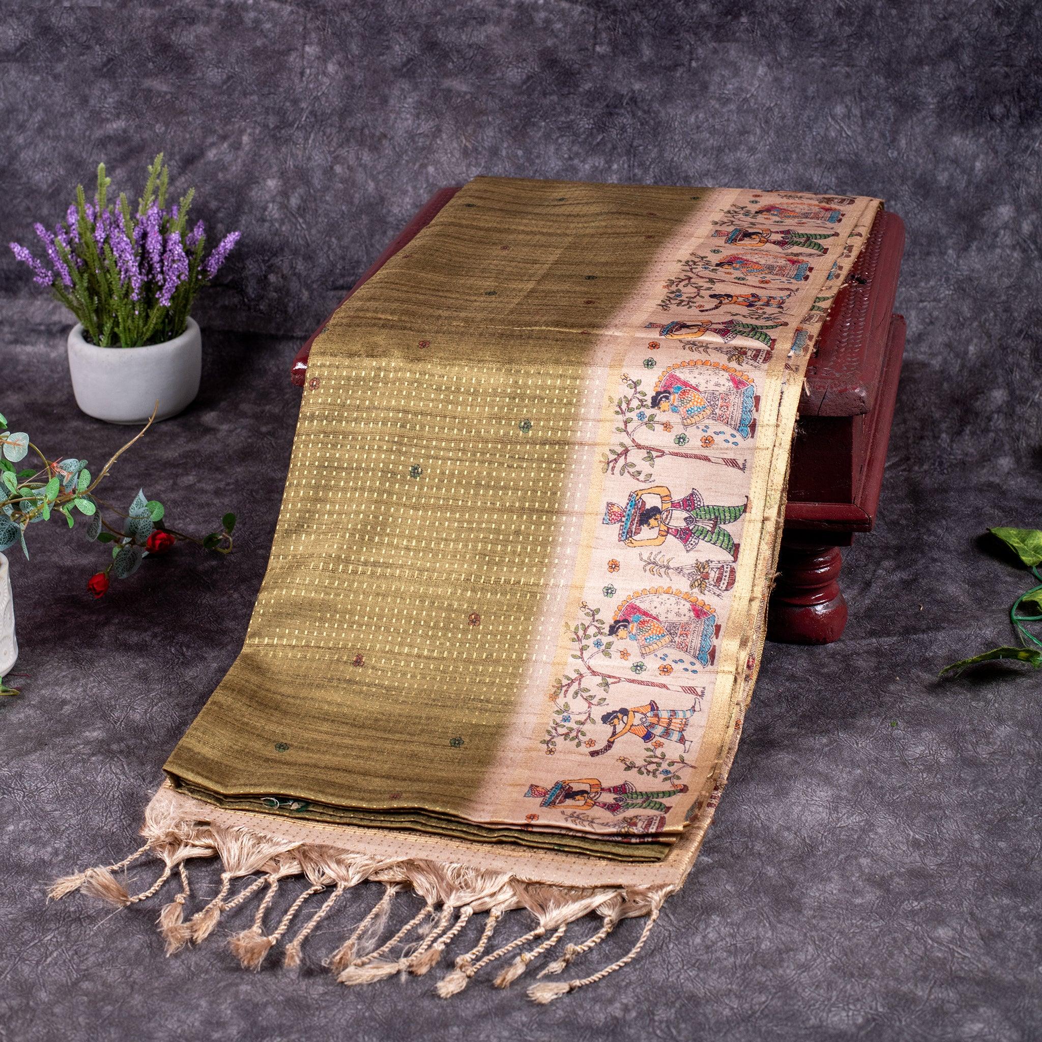 Semi Tussar Silk Saree – Zari Dotted Lines with Madhubani Pallu - Kleem Boutique