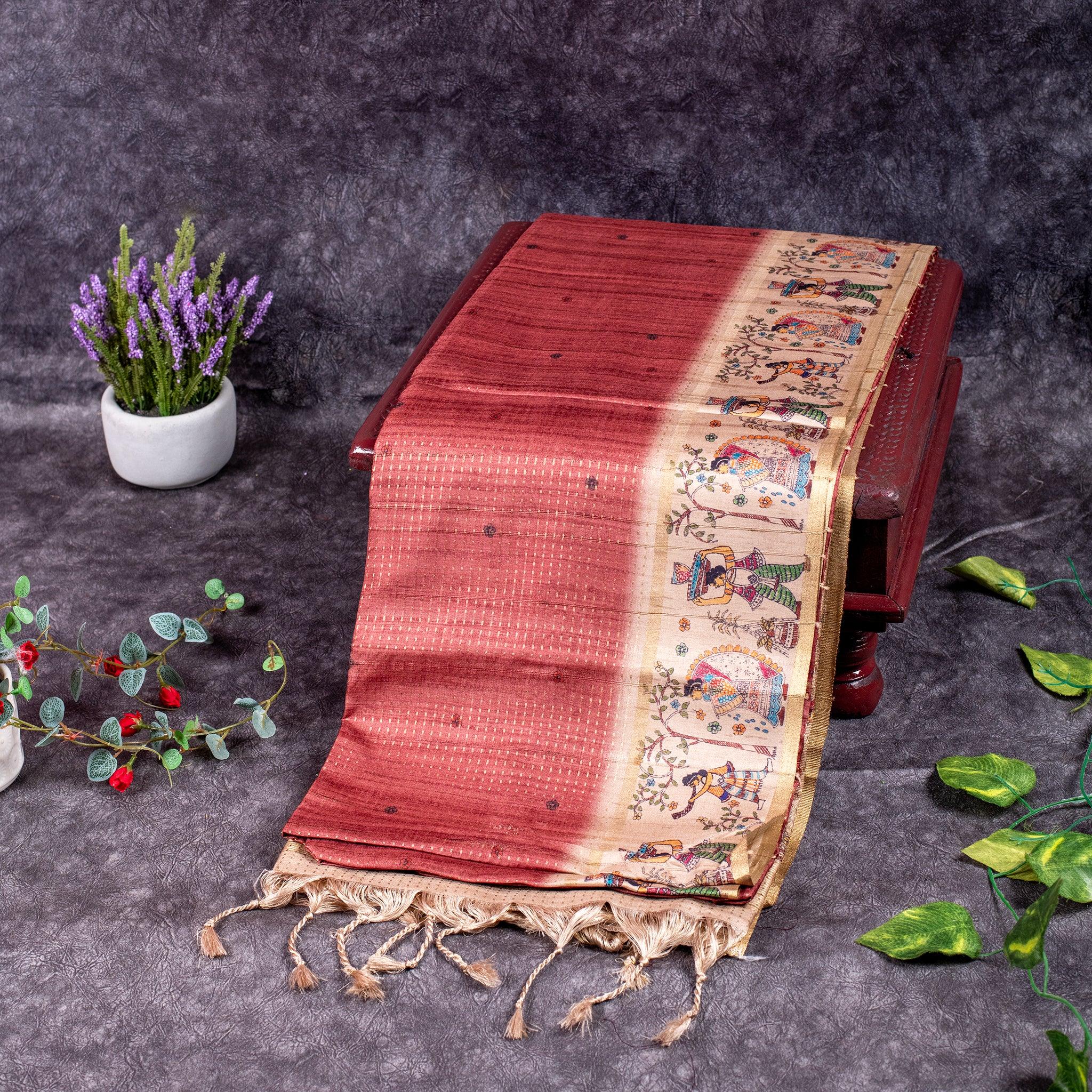 Semi Tussar Silk Saree – Zari Dotted Lines with Madhubani Pallu - Kleem Boutique