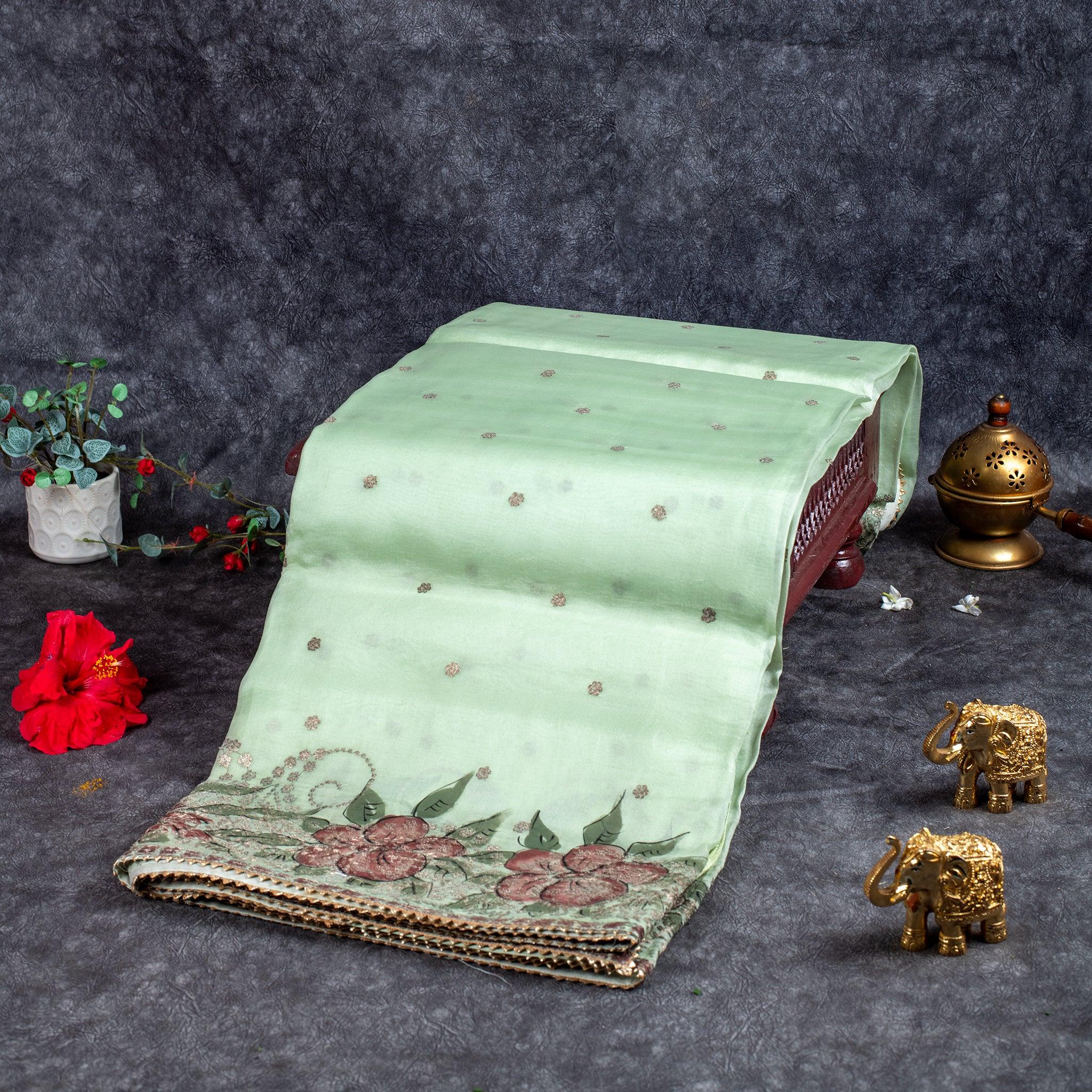 Pure Handloom Organza Saree with Hand Pitta Work & Digital Print – Pista Green Main image