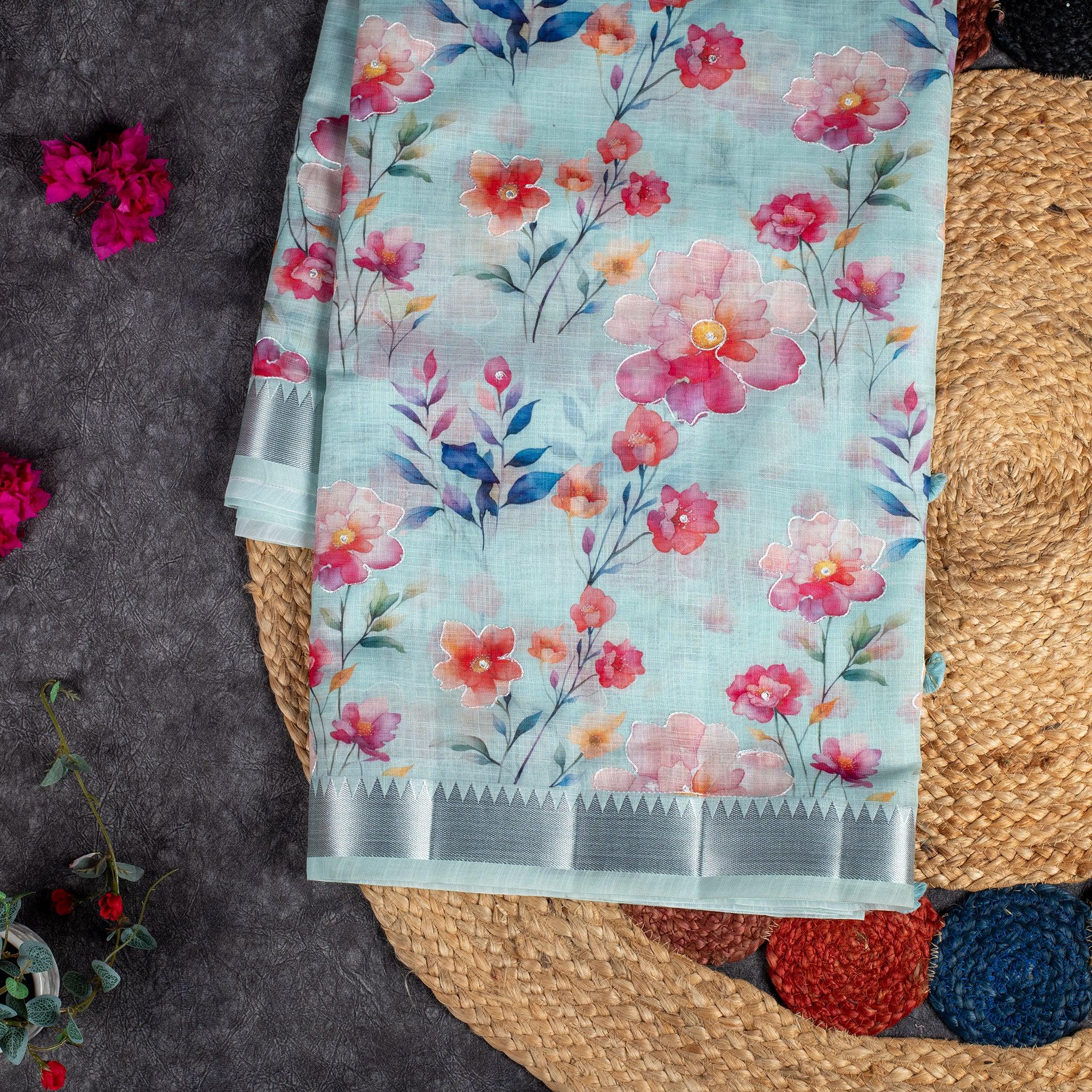 Semi Linen Silk Saree with Floral Embroidery – Sea Green - Kleem Boutique Main image