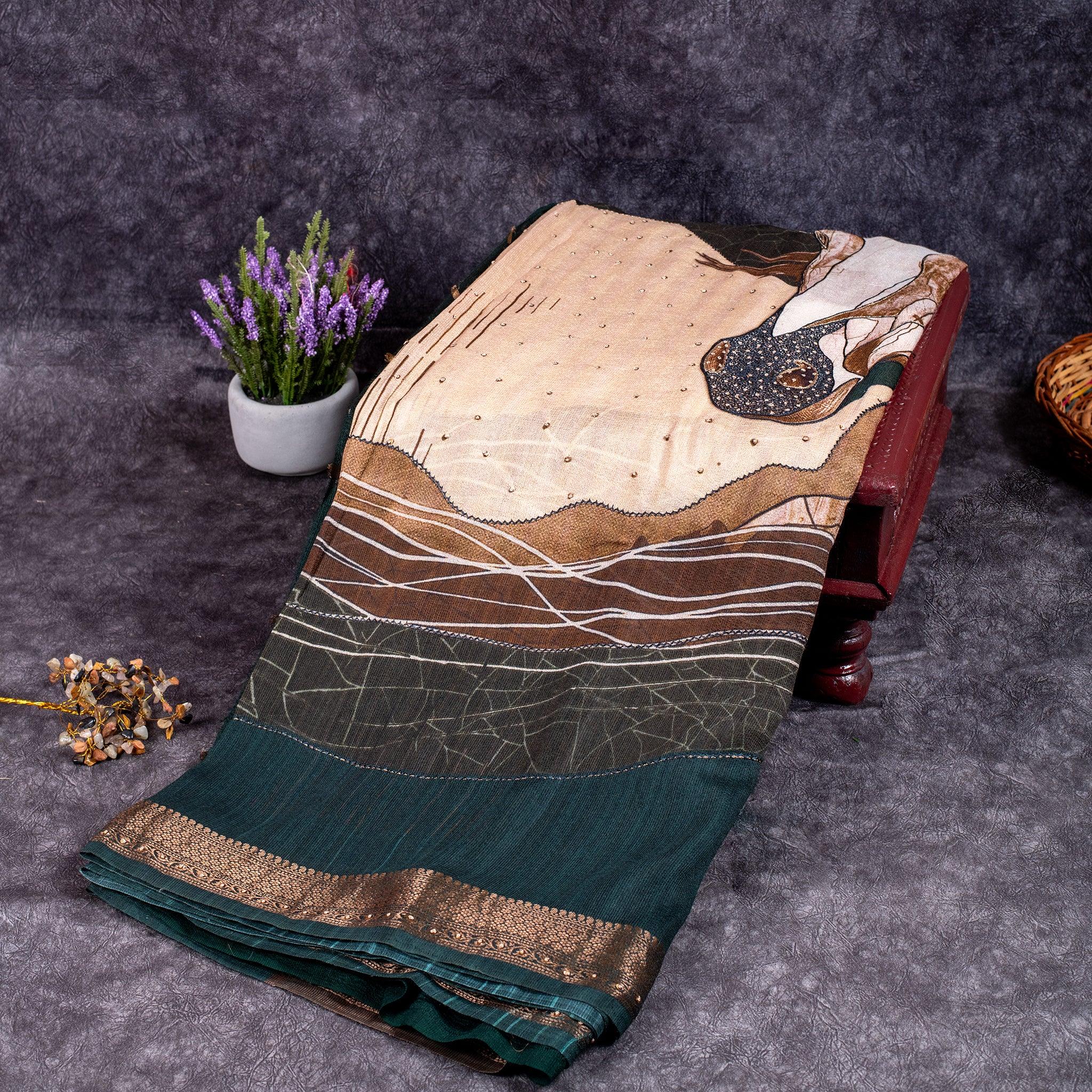 Handloom Soft Tussar Silk Saree – Digital Print with Antique Zari - Kleem Boutique Main image