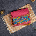 Pure Handloom MG Cotton Saree with Kalamkari Patch Work - Peach Pink - Kleem Boutique