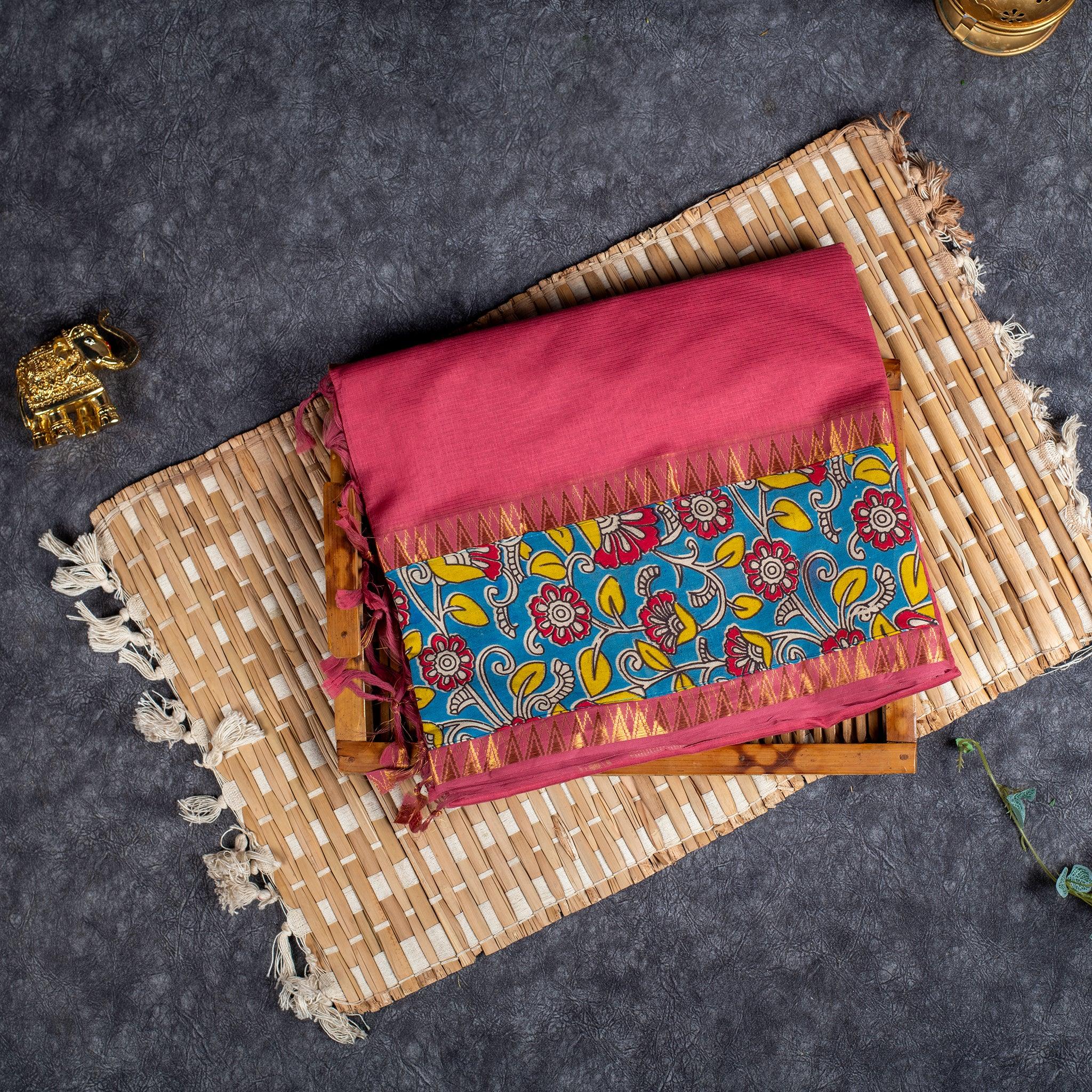 Pure Handloom MG Cotton Saree with Kalamkari Patch Work - Peach Pink - Kleem Boutique